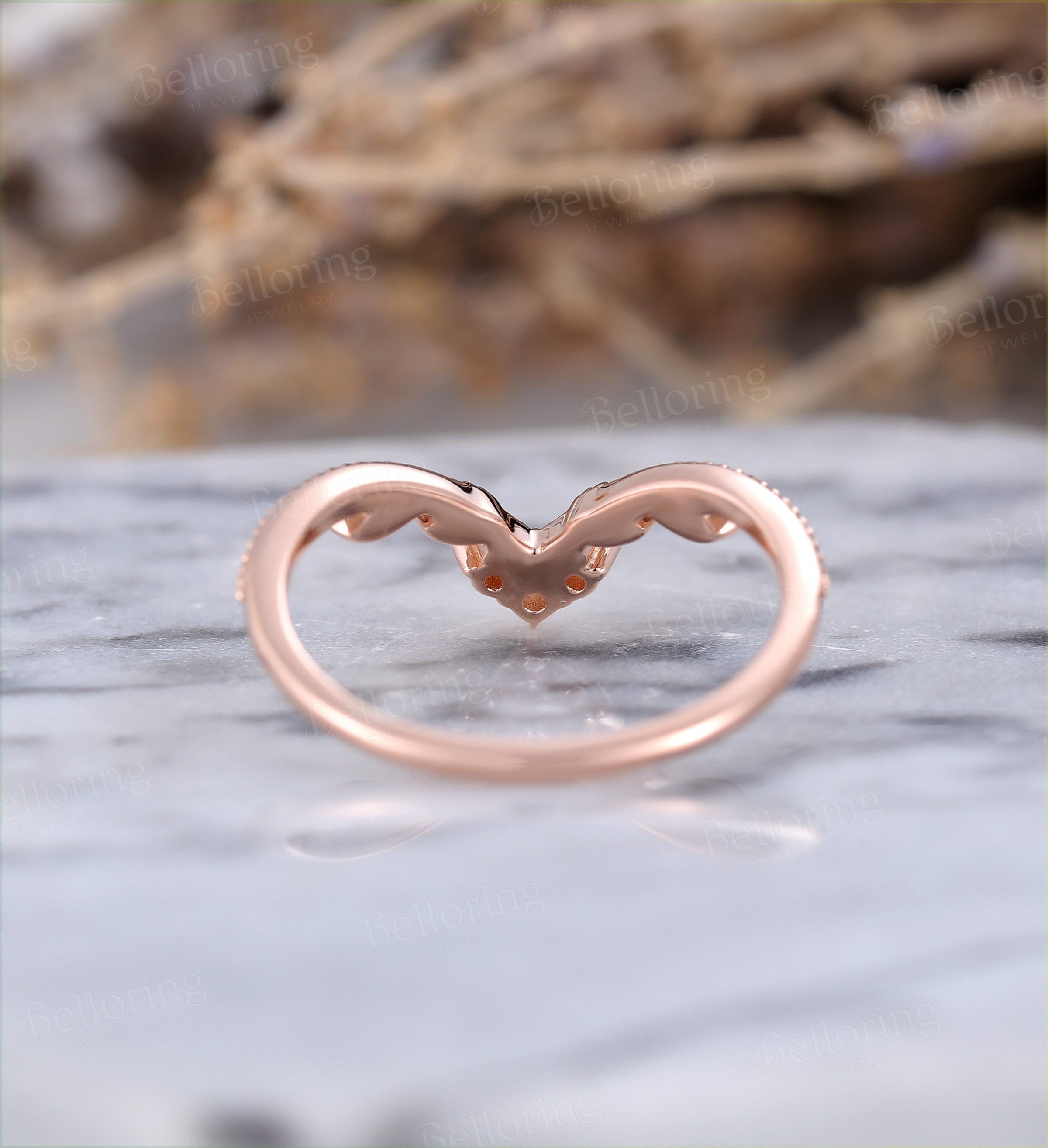 Diamond curved wedding band Vintage  14k rose Gold unique Art Deco Antique leaf wedding ring  Promise Anniversary wedding ring