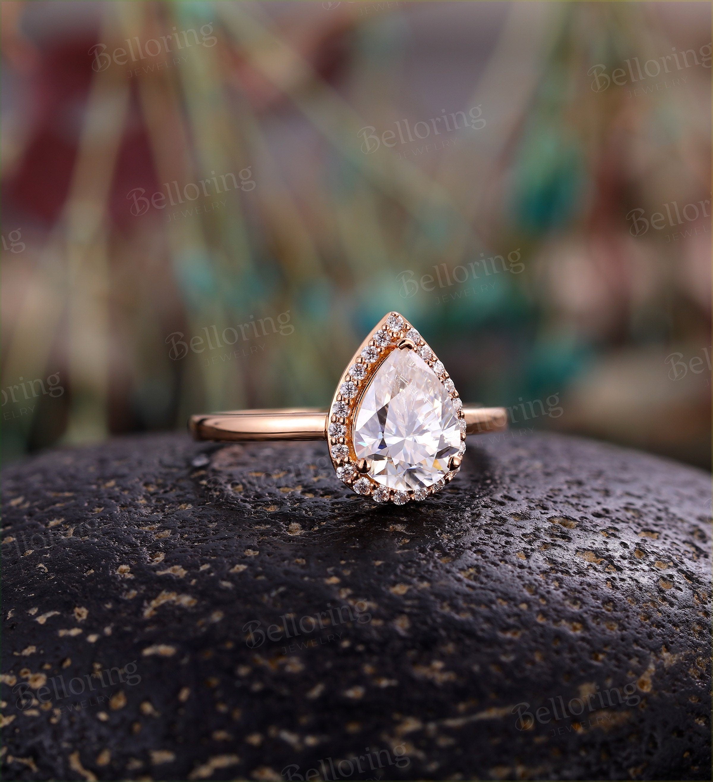 Moissanite engagement ring  Rose gold pear cut halo vintage diamond unique Wedding  Jewelry birthstone Anniversary wedding ring