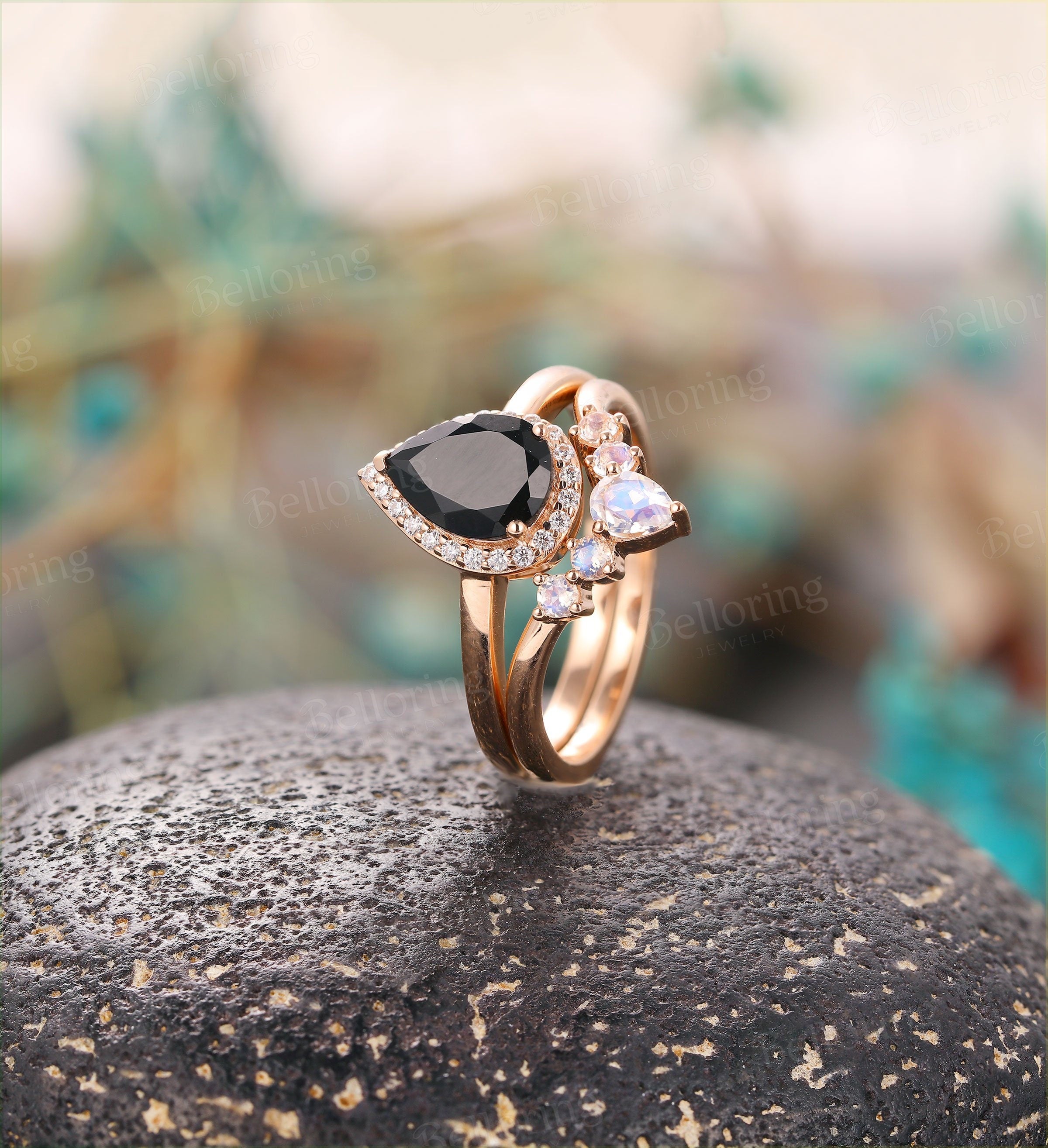 Black Onyx engagement ring  vintage pear shaped halo moissanite unique Wedding Ring set Jewelry art deco Anniversary wedding ring