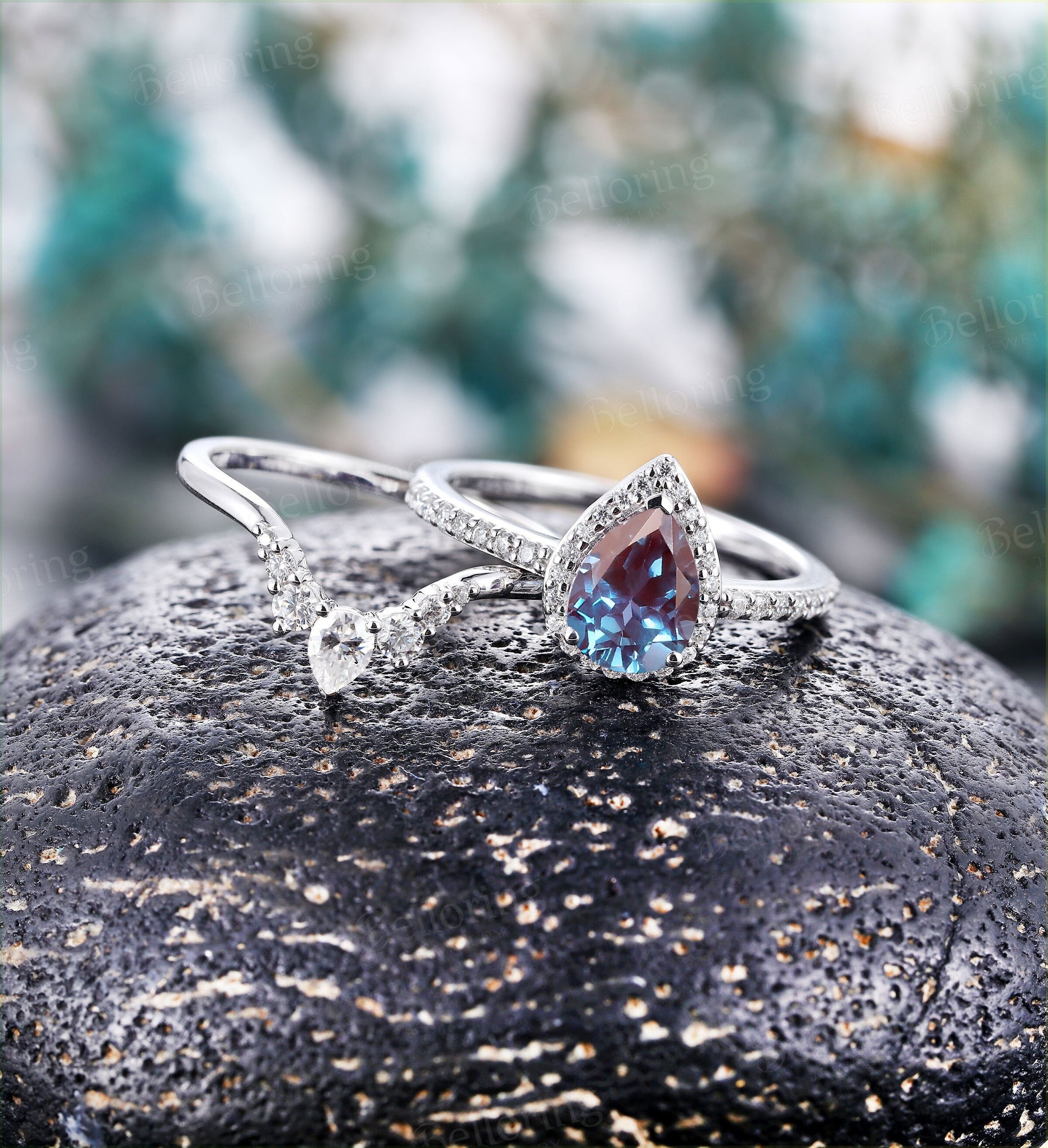 Alexandrite engagement ring  vintage pear shaped unique moissanite stacking Wedding Ring set art deco Anniversary white gold ring