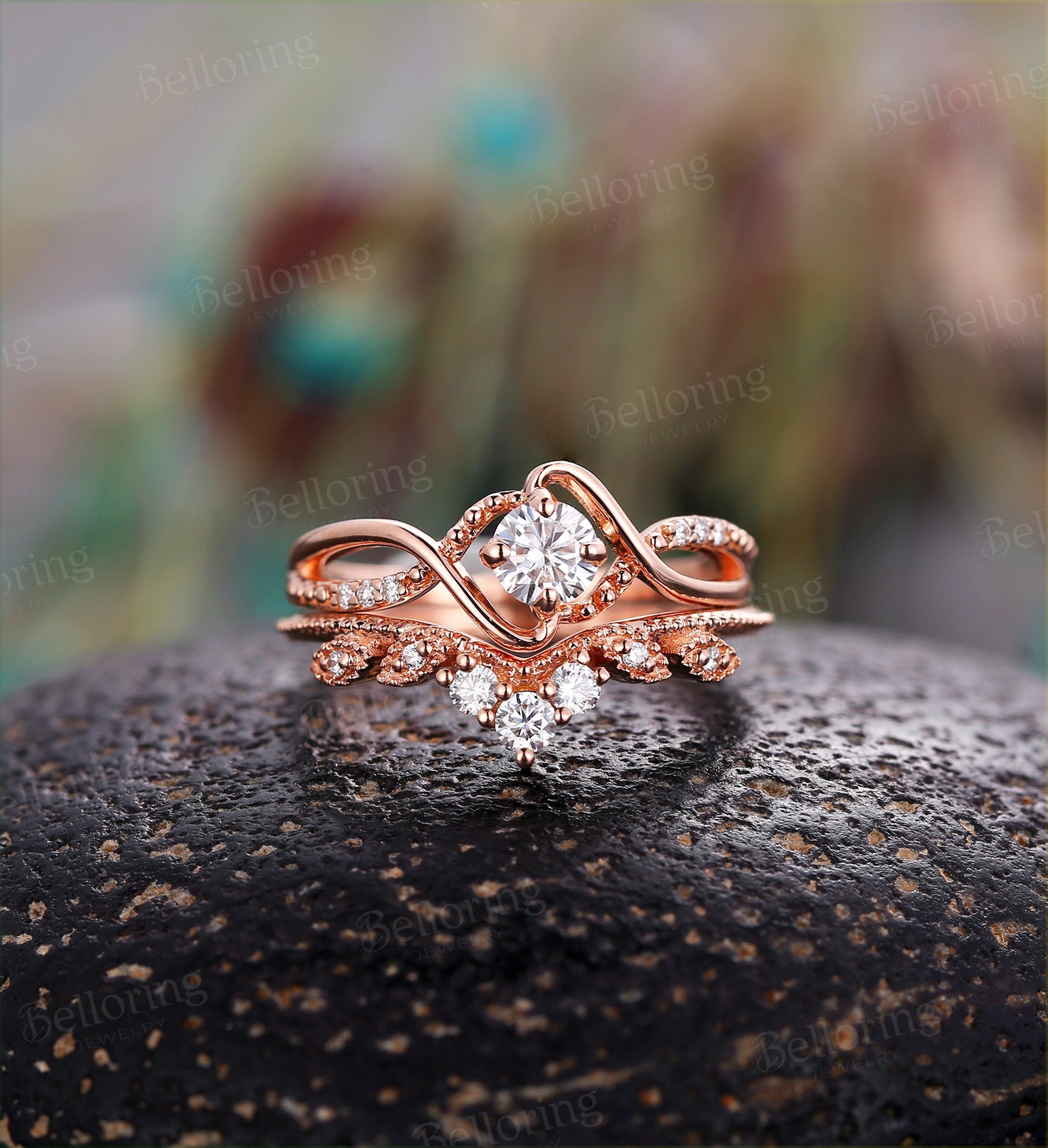 Art deco Moissanite engagement ring set Vintage antique diamond rose gold Unique wedding  stacking rings promise ring Anniversary gift