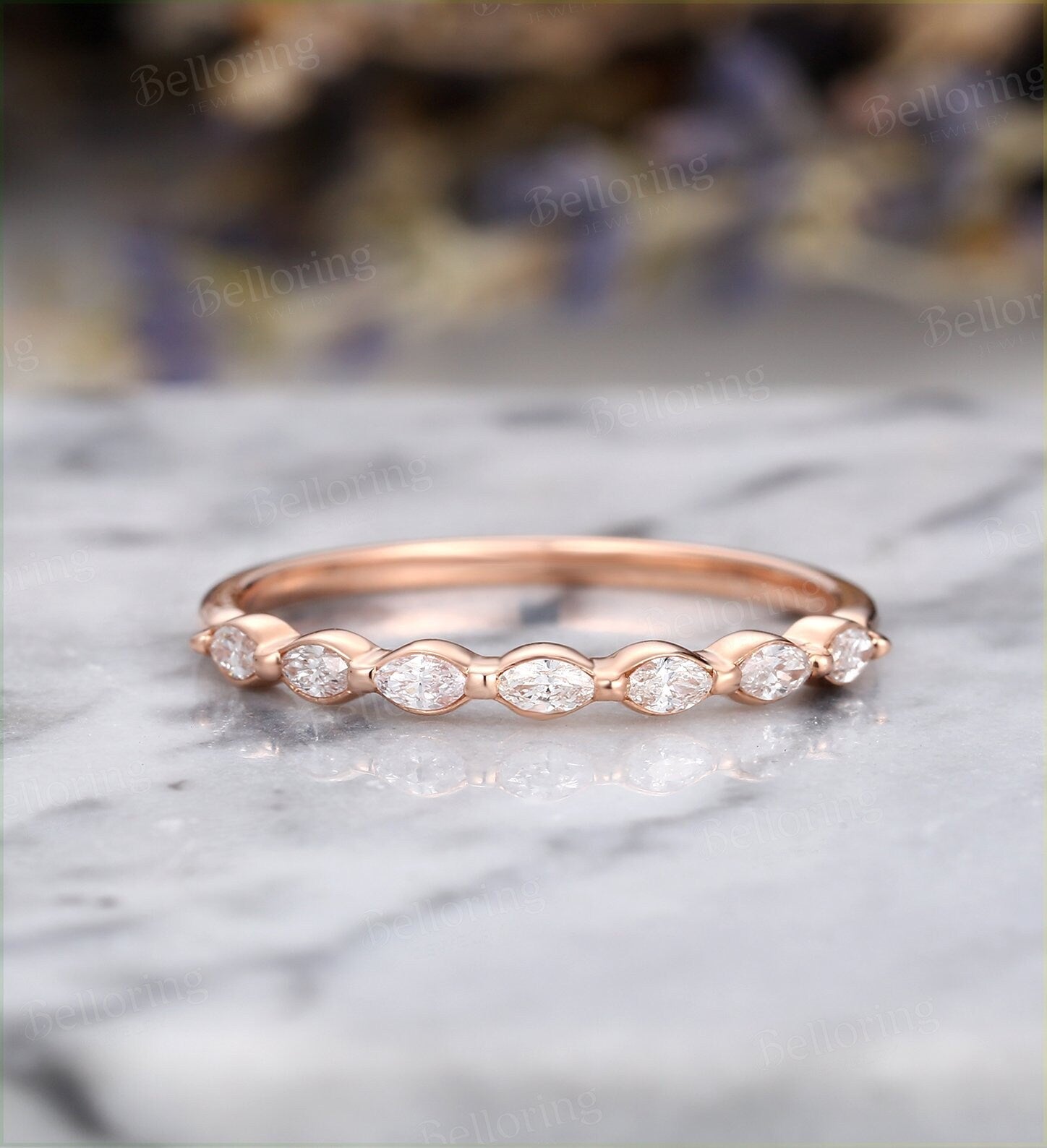 Marquise cut Diamond wedding band vintage rose gold  7 stones dainty  antique unique bridal set Promise Matching band