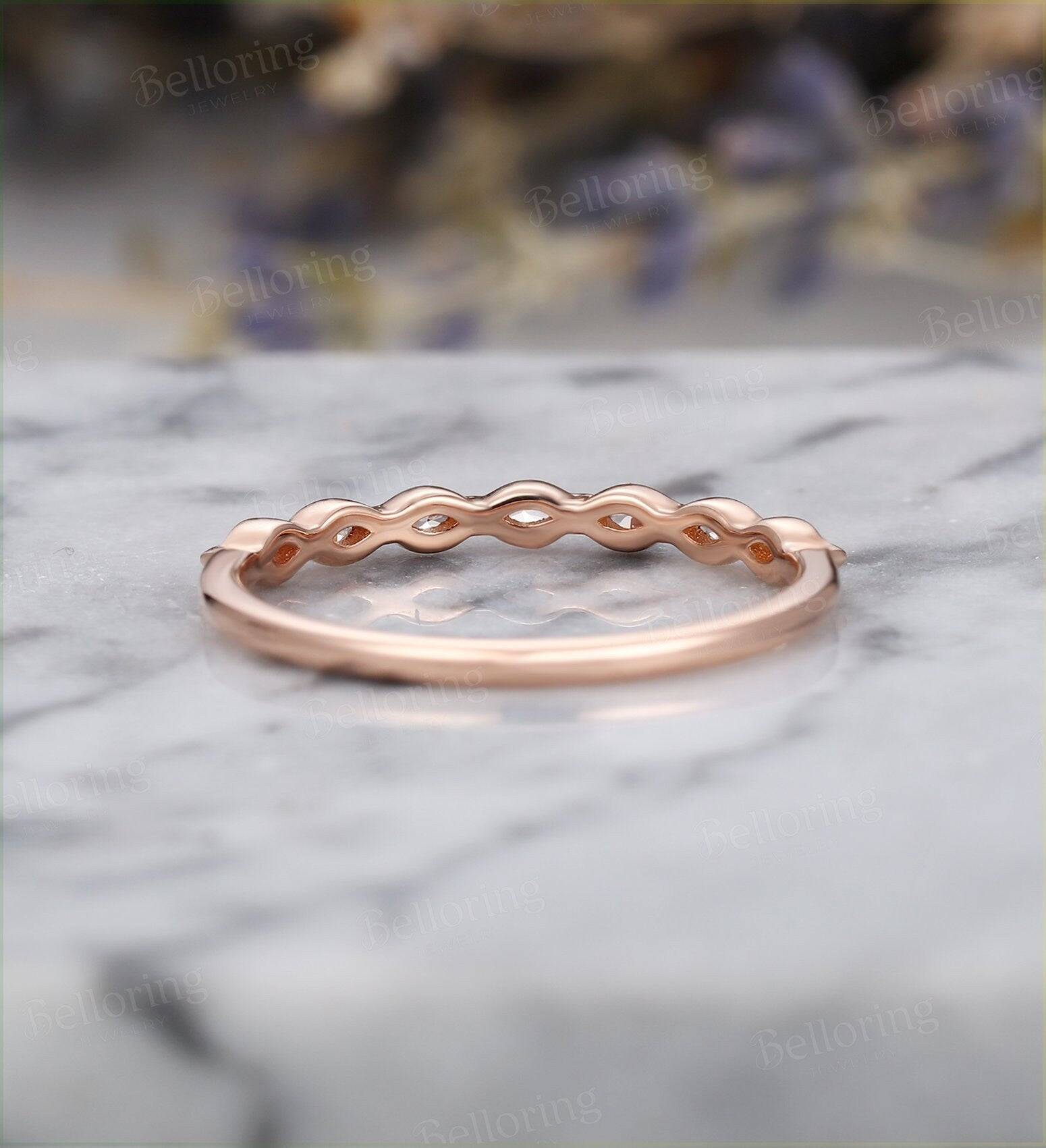 Marquise cut Diamond wedding band vintage rose gold  7 stones dainty  antique unique bridal set Promise Matching band