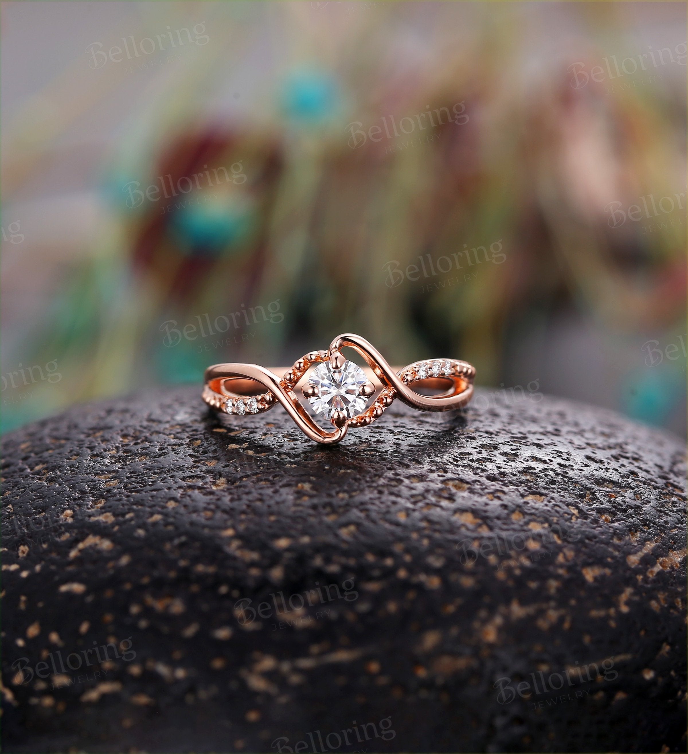 Art deco engagement ring Vintage antique moissanite halo diamond rose gold Unique wedding   Jewelry birthstone Anniversary wedding ring