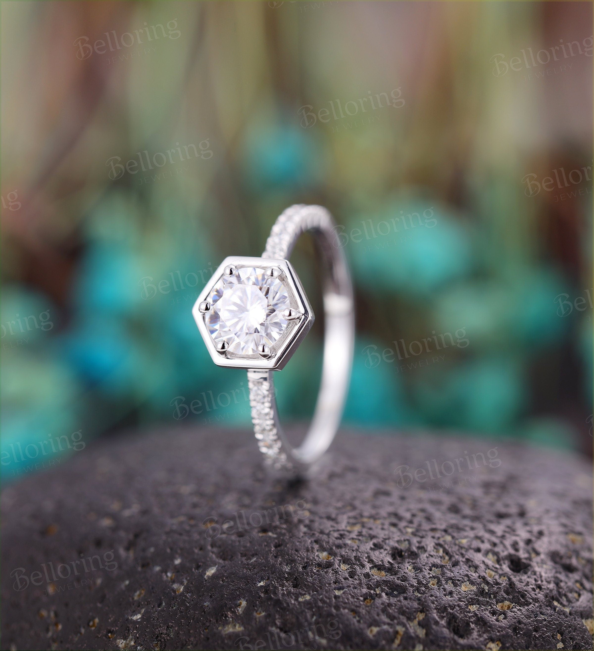 Moissanite Engagement Ring  Gold vintage hexagon cut Art Deco diamond wedding ring  Promise Anniversary wedding ring