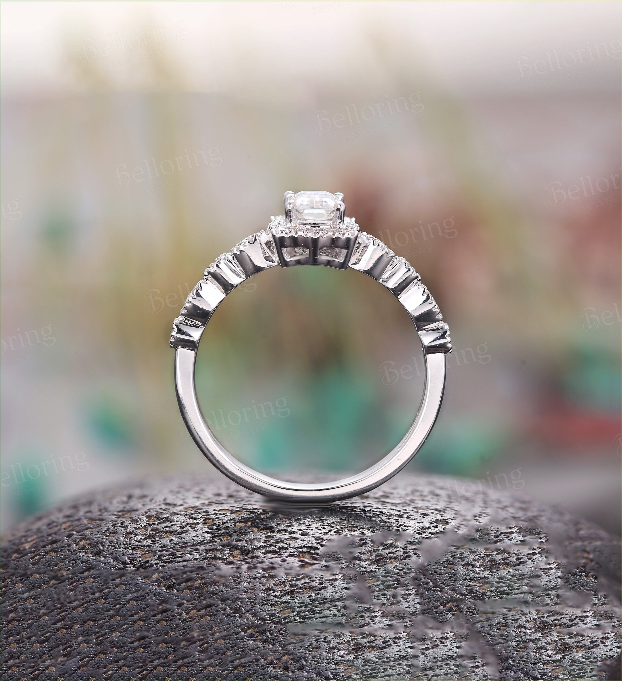 Moissanite emerald cut engagement ring unique white gold half eternity vintage art deco  antique Jewelry Anniversary wedding ring