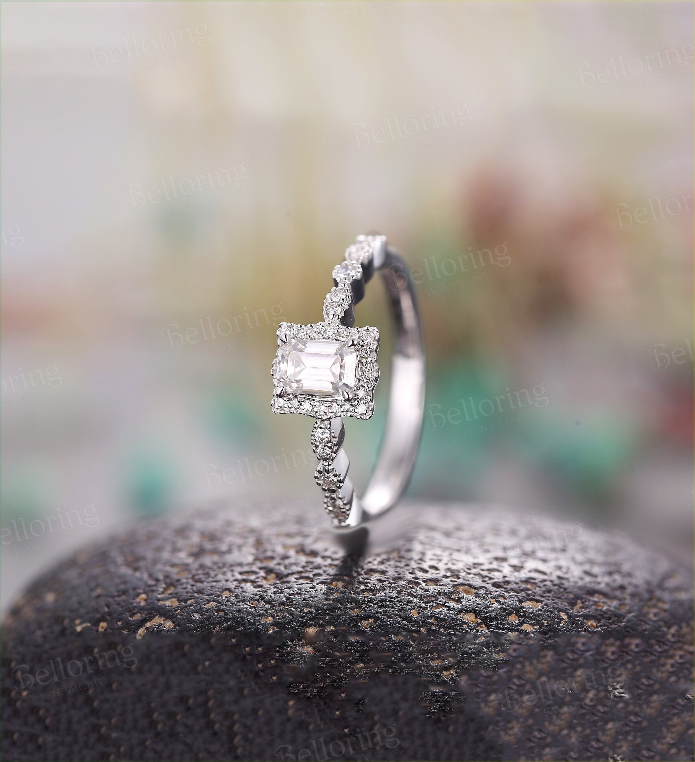 Moissanite emerald cut engagement ring unique white gold half eternity vintage art deco  antique Jewelry Anniversary wedding ring