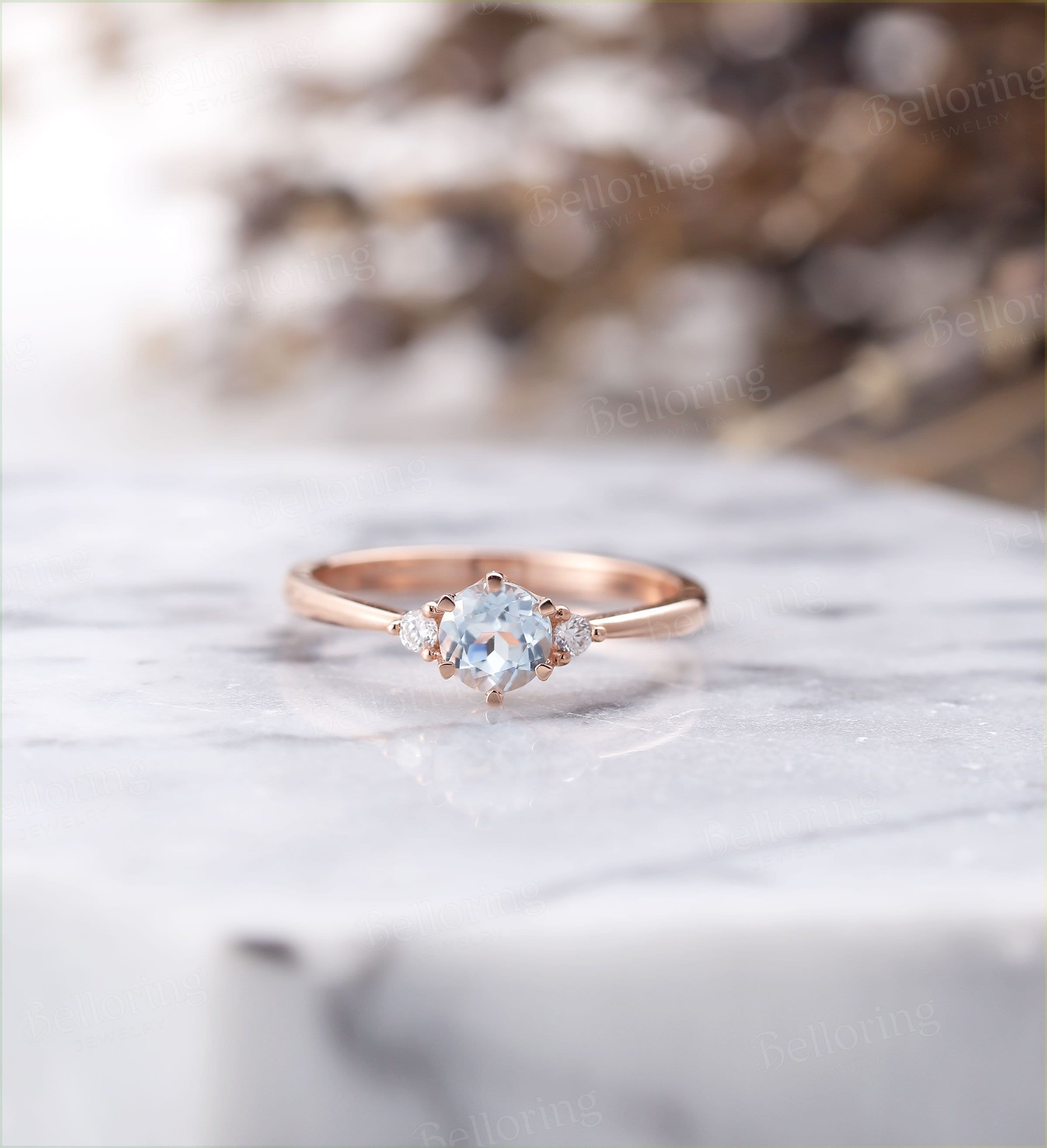 Aquamarine engagement ring Vintage Diamond rose gold Unique  Art deco 3 stone ring Jewelry birthstone Anniversary wedding ring