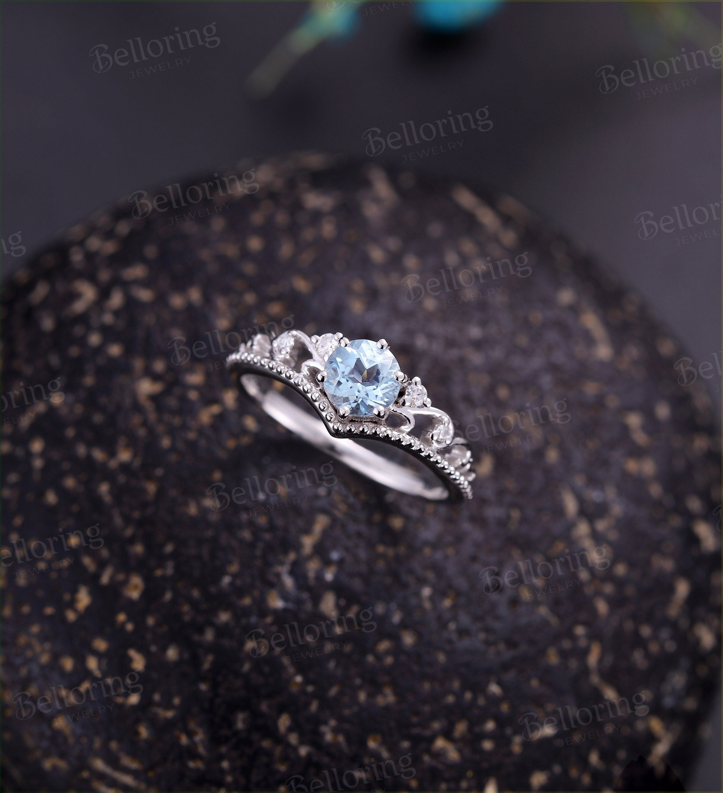 Aquamarine engagement ring  white gold vintage diamond unique art deco Wedding alternative anniversary promise Jewelry wedding ring