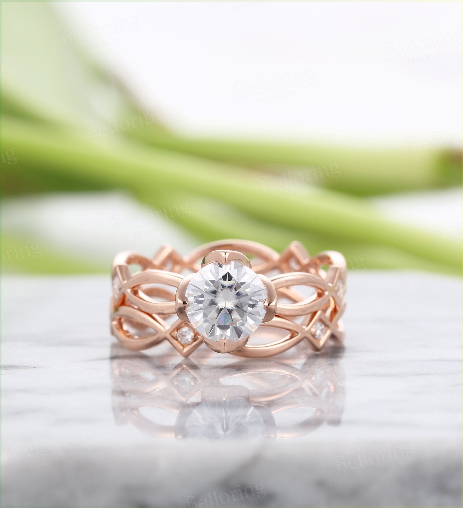 Moissanite engagement ring for  rose gold round cut diamond Unique wedding set antique Jewelry Anniversary wedding ring celtic 1ct