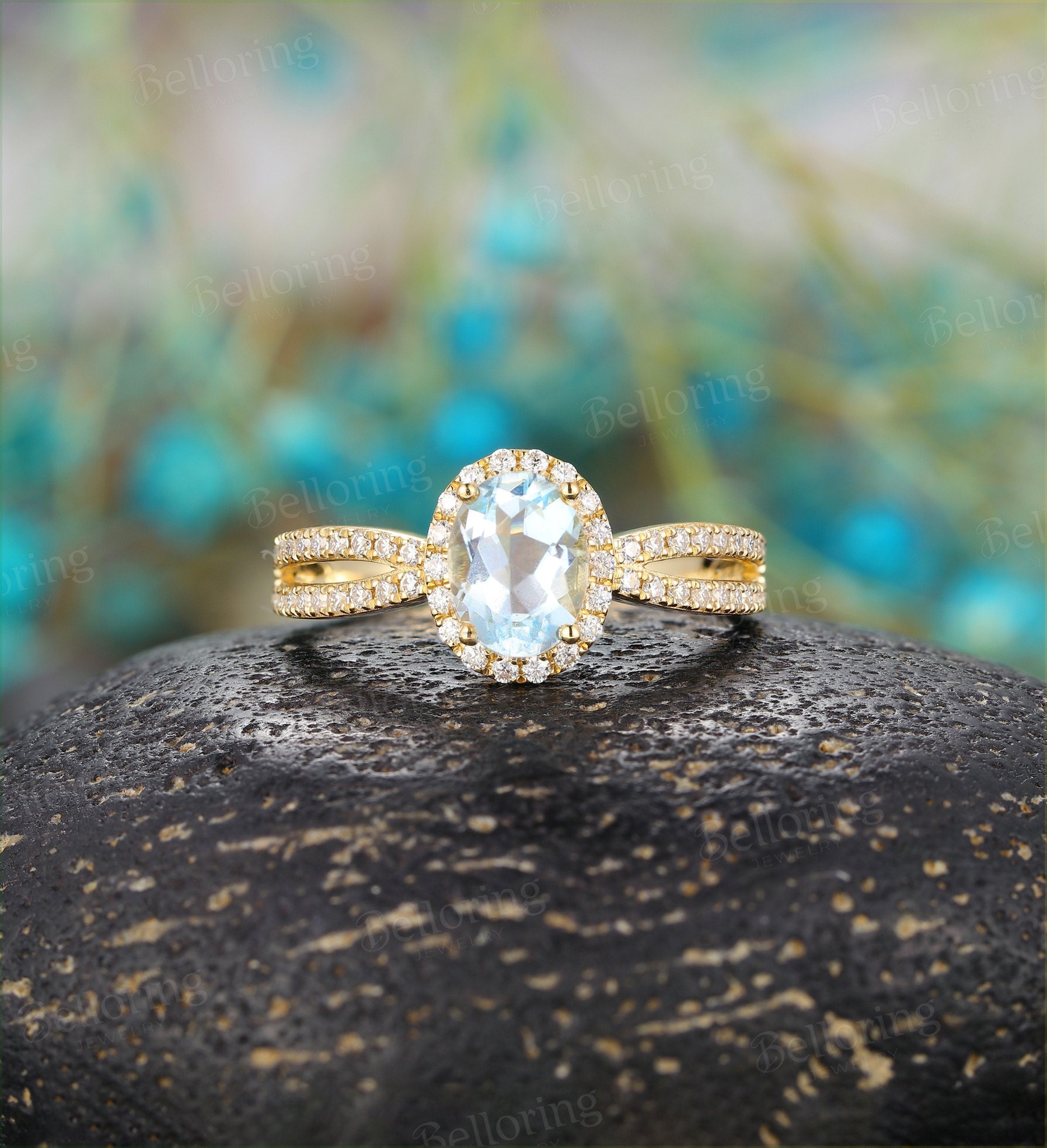 Aquamarine Engagement Ring  yellow Gold moissanite vintage oval cut Art Deco wedding ring  Promise Anniversary wedding ring