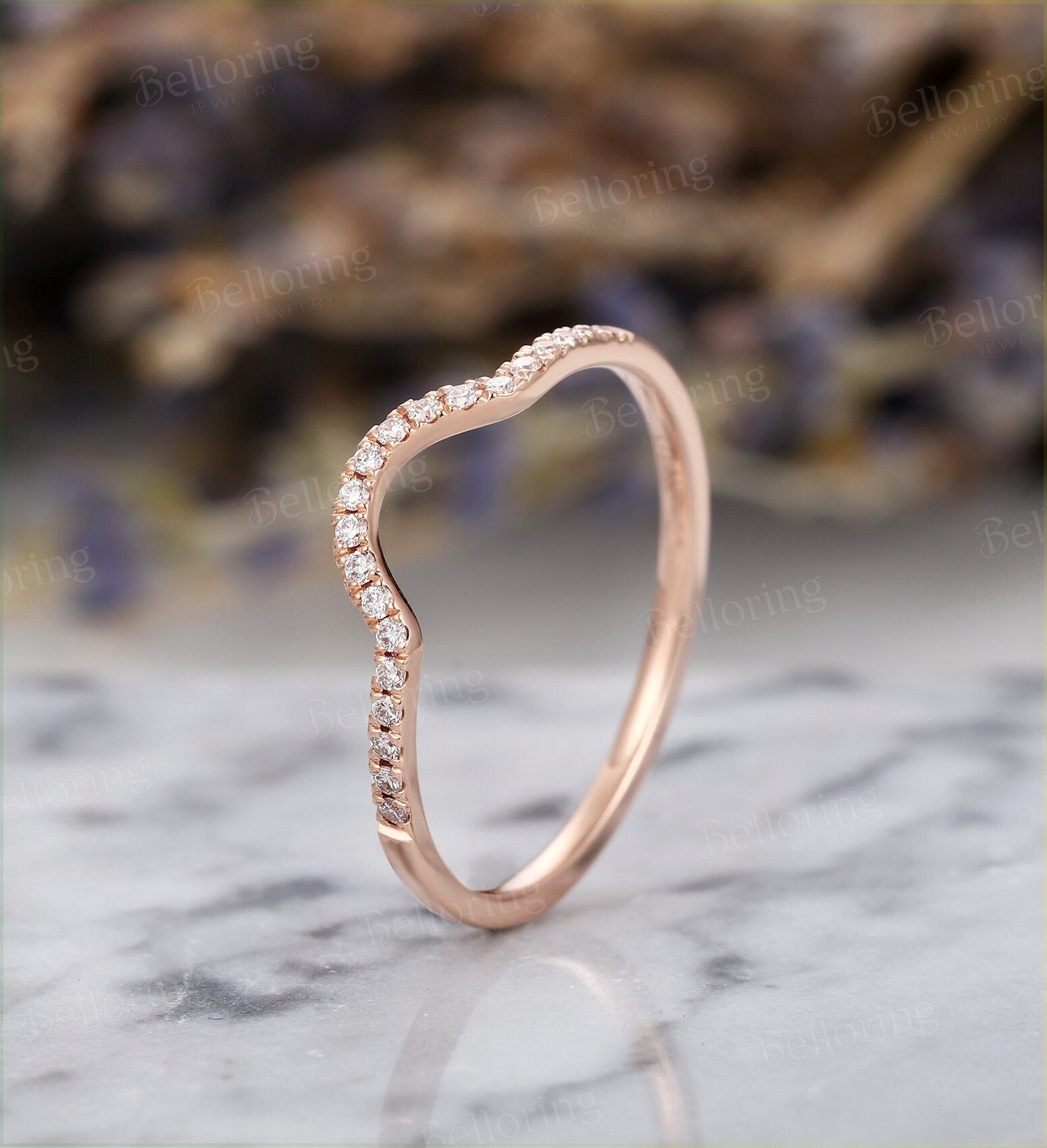 Diamond Curved wedding band  dainty rose gold ring Vintage micro pave Jewelry Antique Solid Matching Anniversary Gift for her