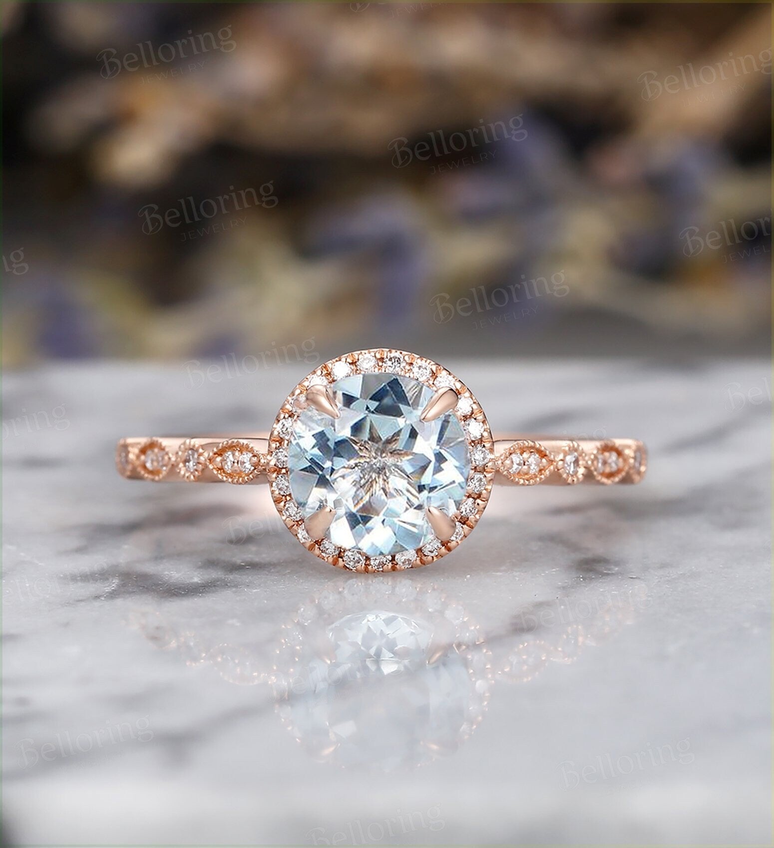 Aquamarine engagement ring set vintage Rose gold round cut Antique diamond halo milgrain half eternity Wedding band  micro pave