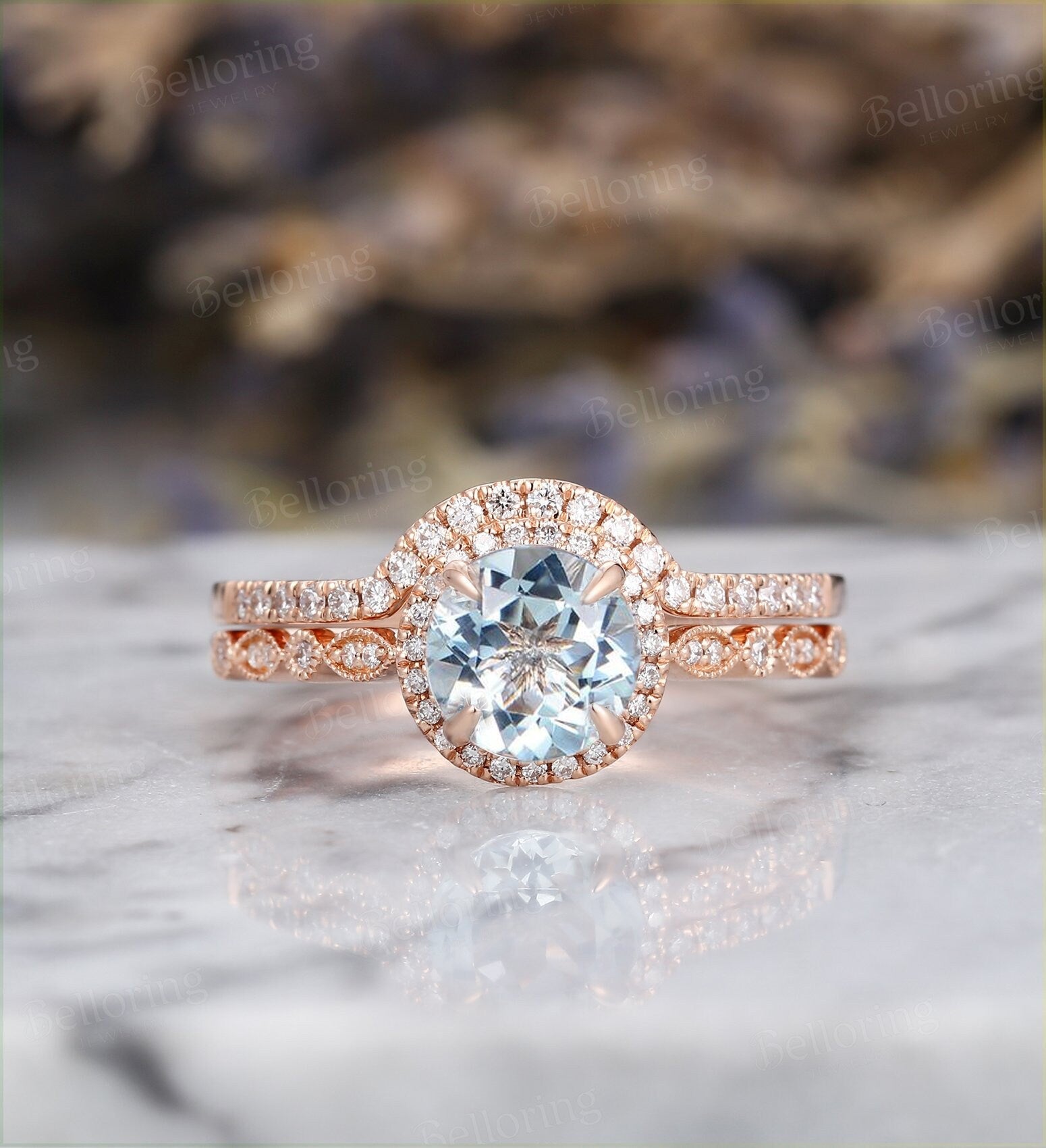 Aquamarine engagement ring set vintage Rose gold round cut Antique diamond halo milgrain half eternity Wedding band  micro pave