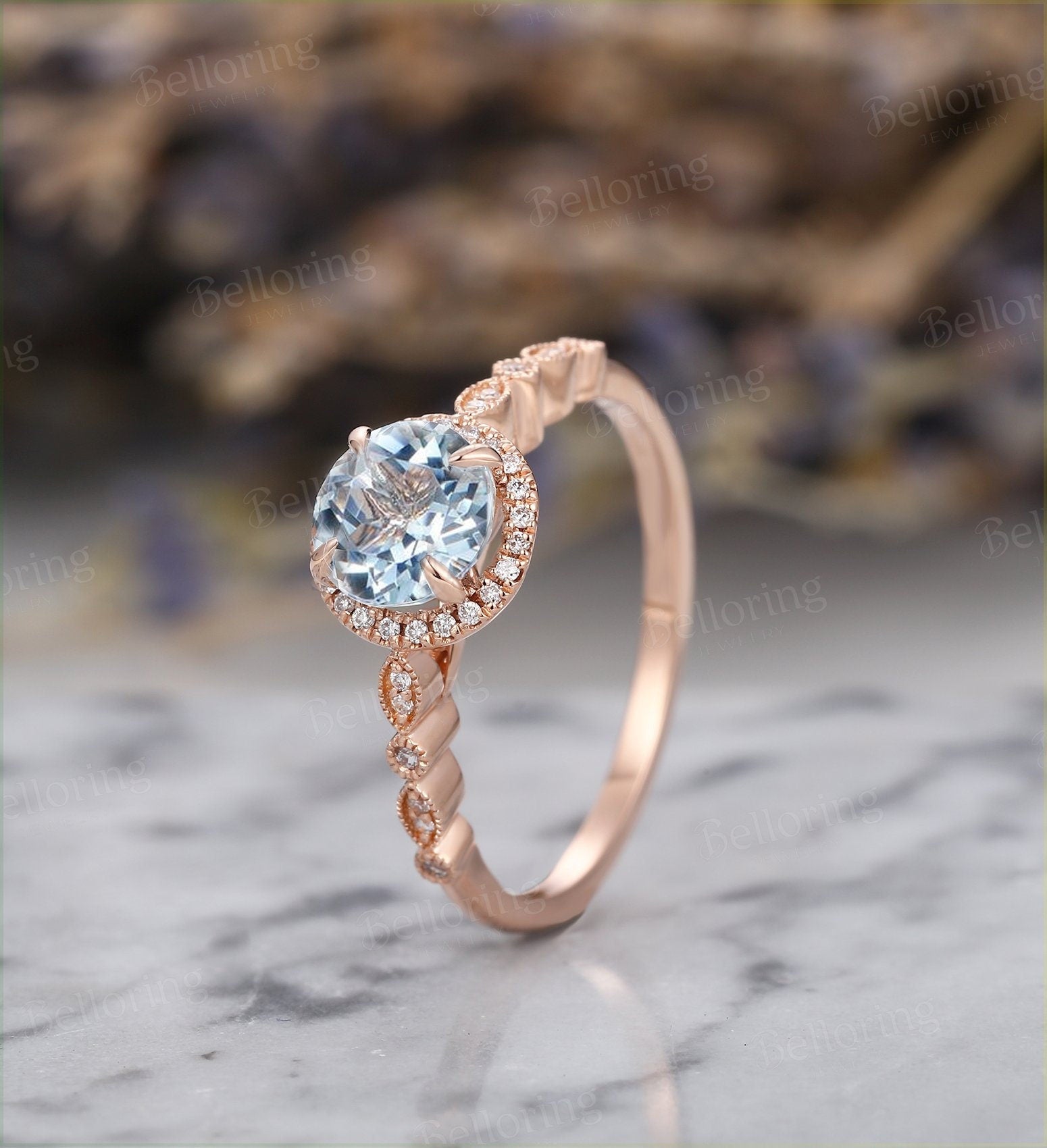 Aquamarine engagement ring vintage Rose gold round cut Antique diamond halo milgrain Wedding  Promise Anniversary wedding ring