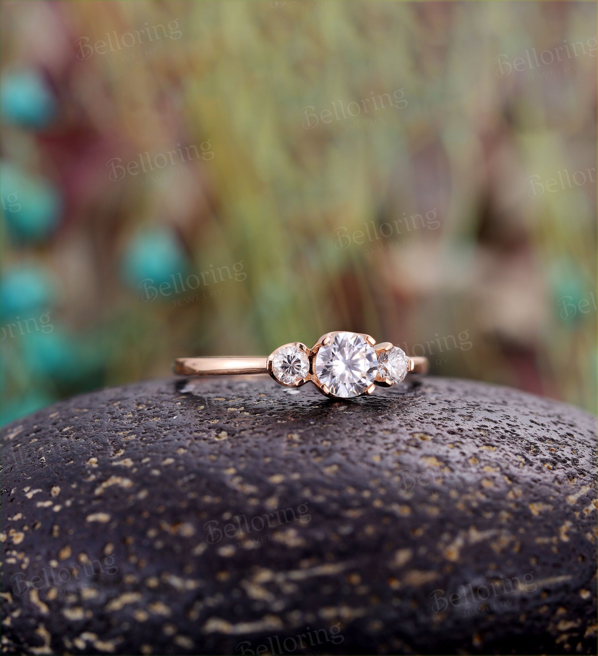 Moissanite engagement ring Vintage antique 3 stone ring rose gold Unique wedding  art deco Jewelry promise Anniversary wedding ring