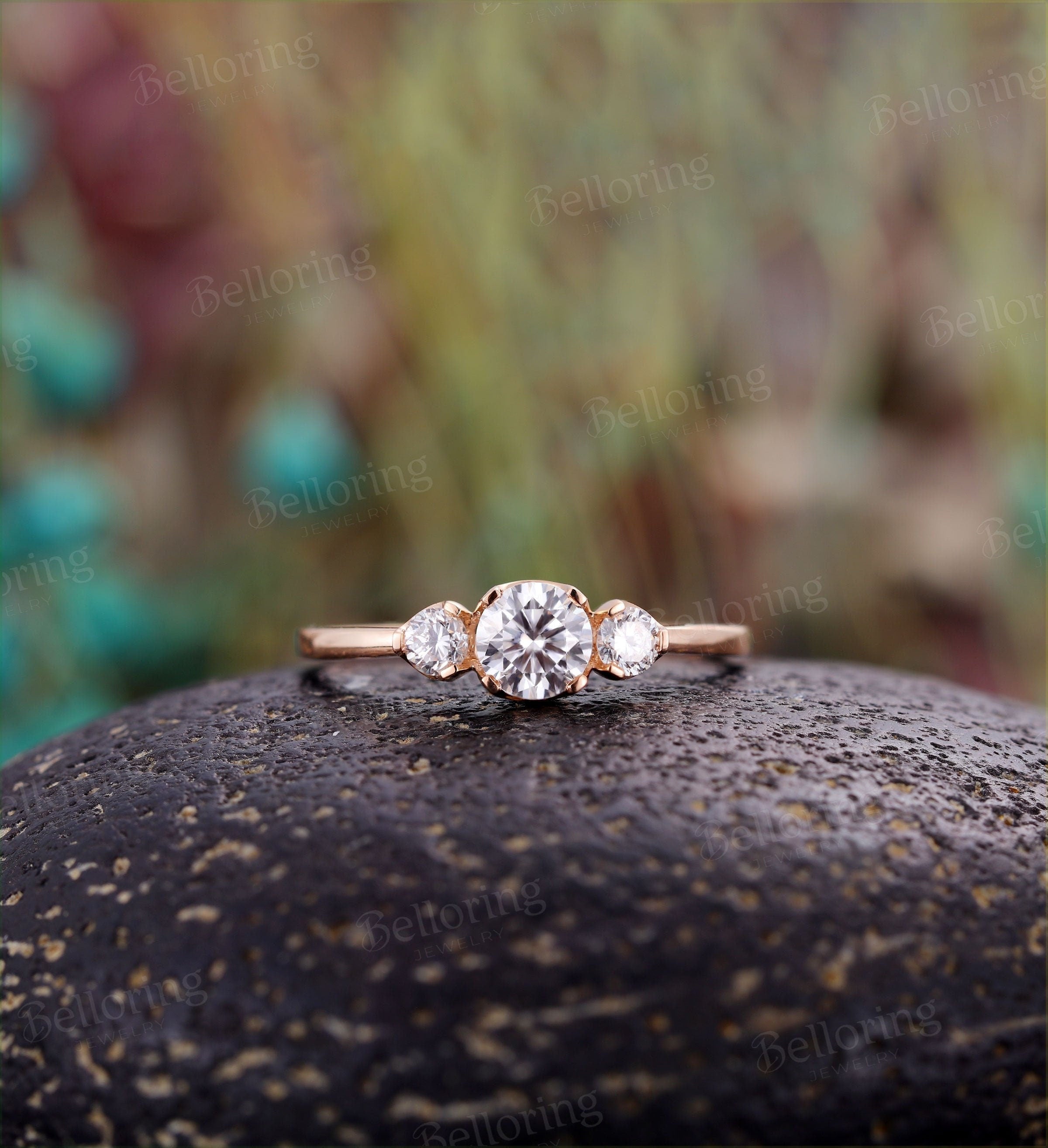 Moissanite engagement ring Vintage antique 3 stone ring rose gold Unique wedding  art deco Jewelry promise Anniversary wedding ring