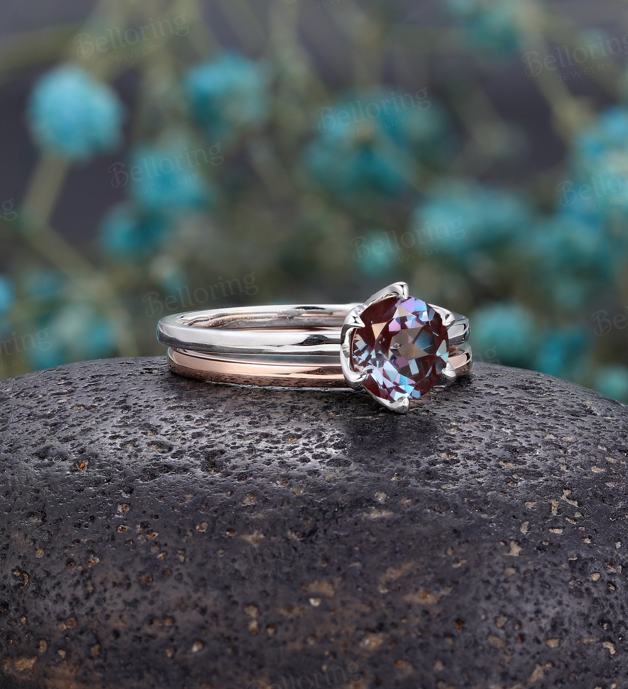 Vintage Alexandrite Bridal set,Art deco engagement ring,Prong set ring,Rose  gold wedding band,Unique stacking band,promise Anniversary ring