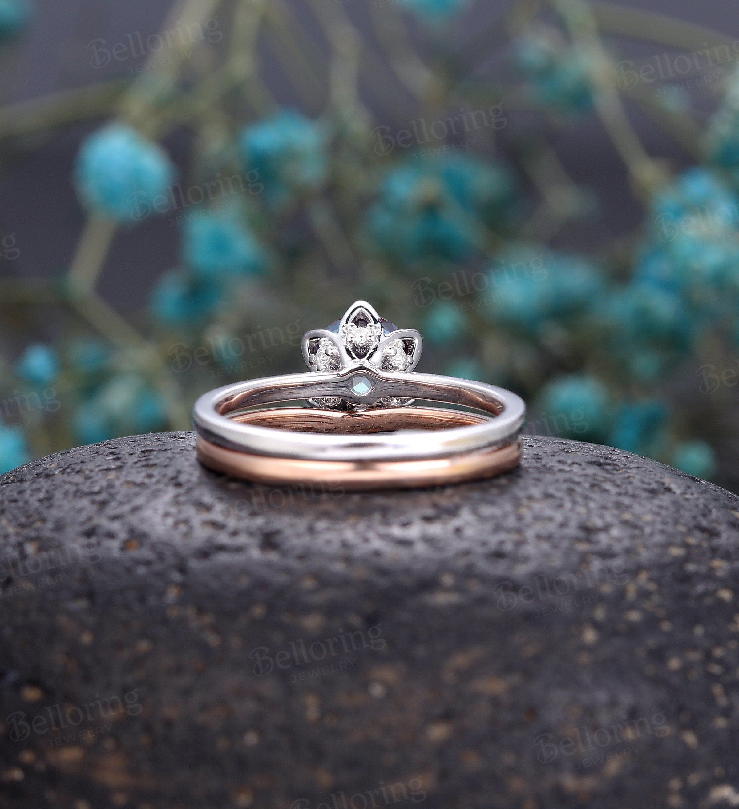 Vintage Alexandrite Bridal set,Art deco engagement ring,Prong set ring,Rose  gold wedding band,Unique stacking band,promise Anniversary ring