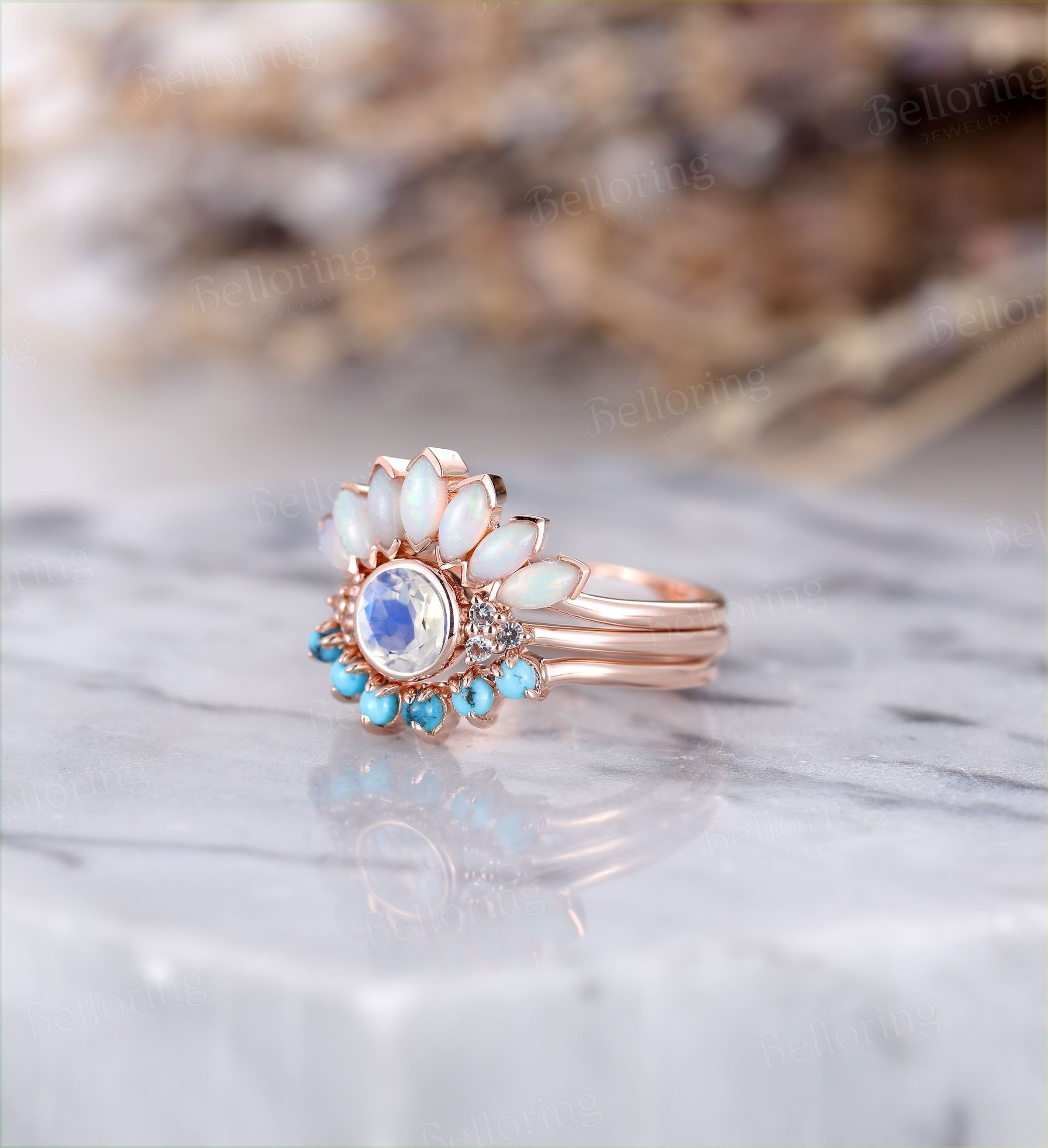 Art deco Moonstone engagement ring Vintage Opal Topaz Jewelry rose gold Unique turquoise wedding band Bridal set Anniversary wedding ring