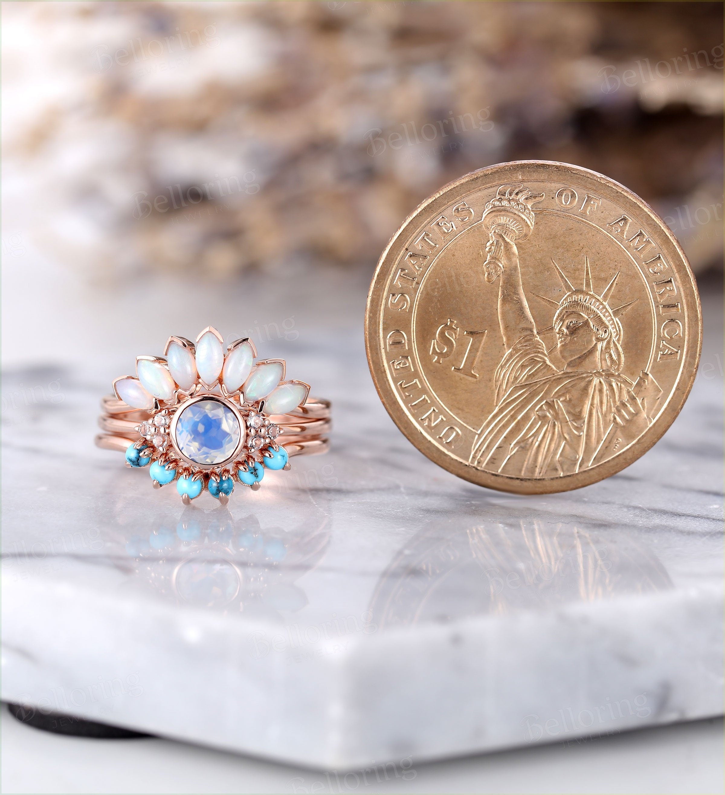 Art deco Moonstone engagement ring Vintage Opal Topaz Jewelry rose gold Unique turquoise wedding band Bridal set Anniversary wedding ring