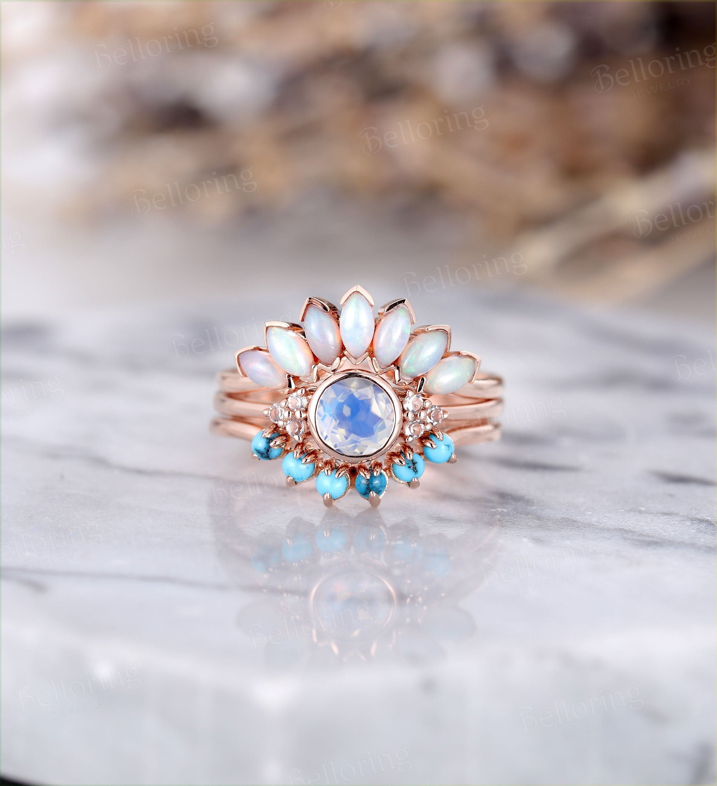 Art deco Moonstone engagement ring Vintage Opal Topaz Jewelry rose gold Unique turquoise wedding band Bridal set Anniversary wedding ring