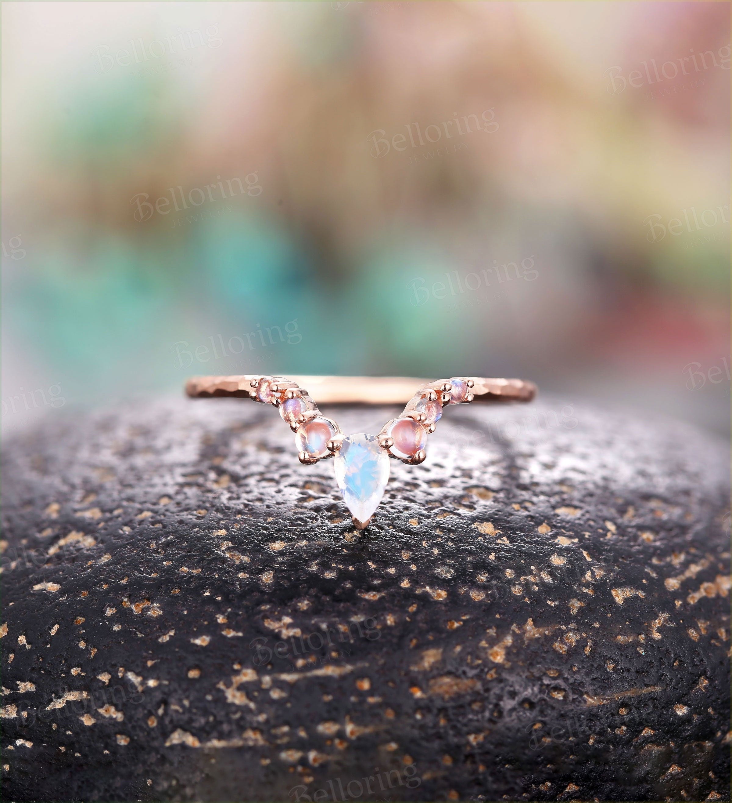 Moonstone Curved wedding band woman rose gold ring Vintage hammered finish Jewelry Antique Matching Promise Anniversary Gift for her