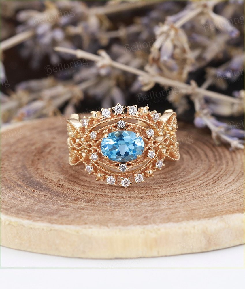 Blue Topaz engagement ring set  Vintage oval cut Art deco moissanite unique rose gold Jewelry birthstone Anniversary wedding ring