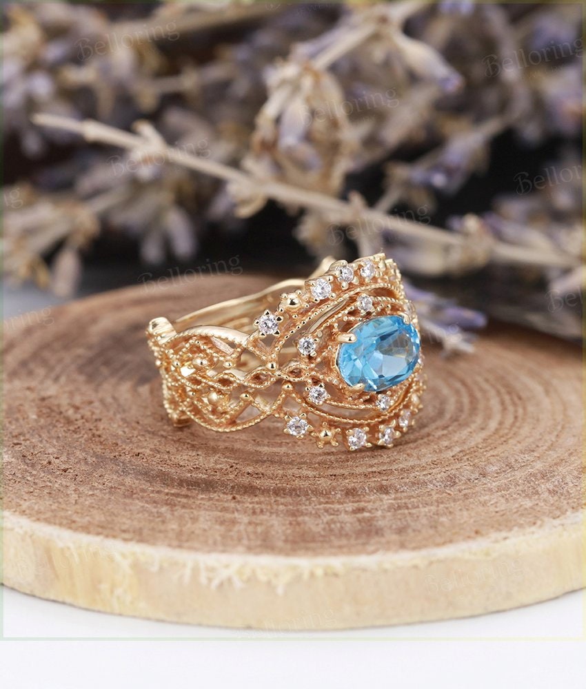 Blue Topaz engagement ring set  Vintage oval cut Art deco moissanite unique rose gold Jewelry birthstone Anniversary wedding ring