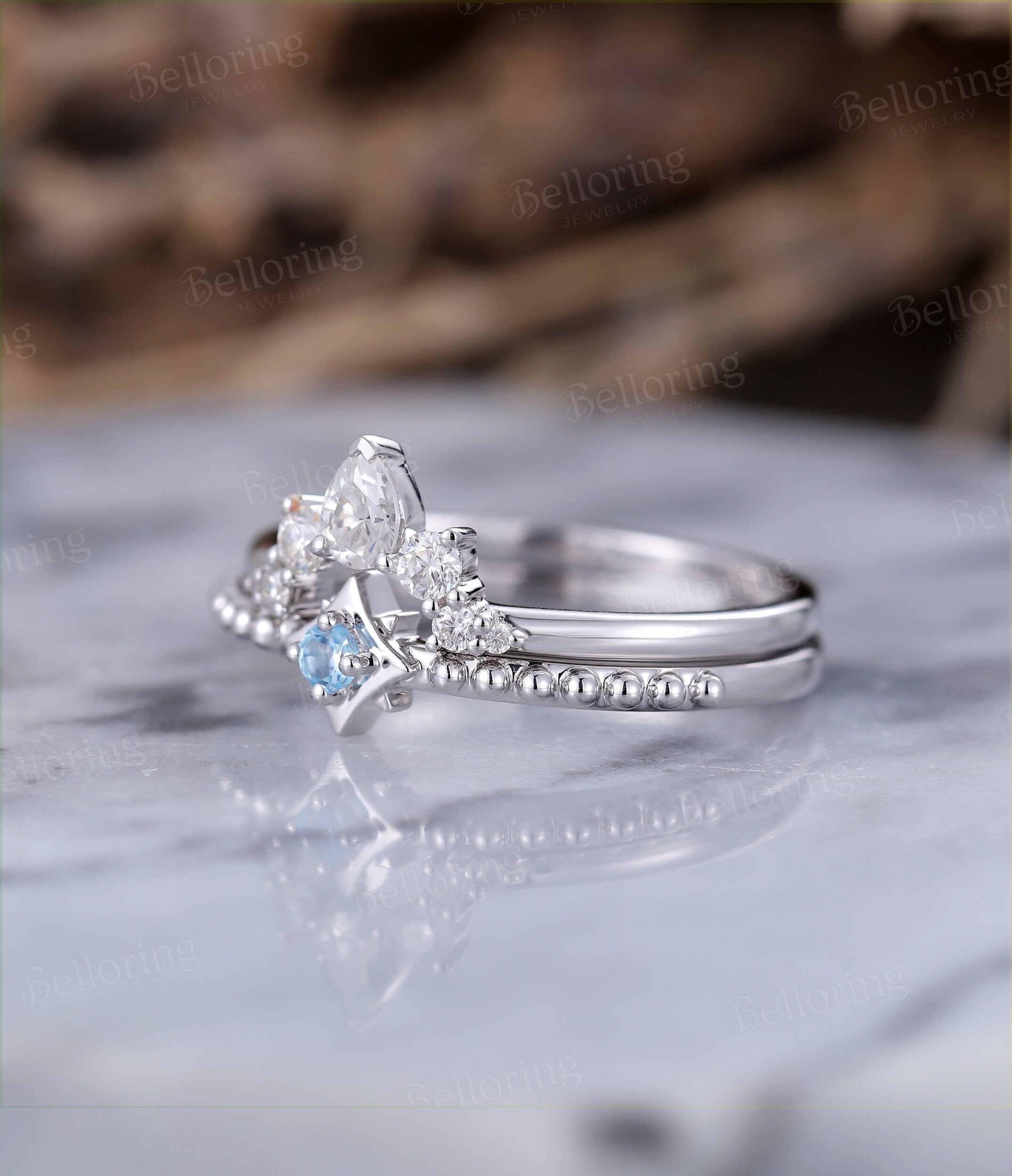 Blue Topaz engagement ring set  curved moissanite wedding band pear shaped white gold Delicate unique Jewelry Anniversary wedding ring