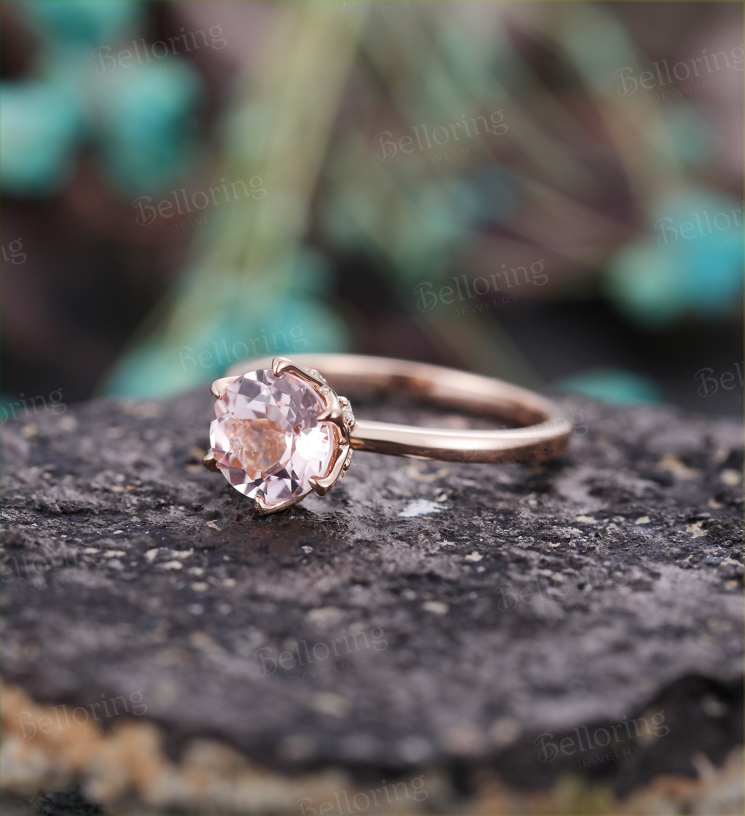 Morganite engagement ring vintage prong set unique rose gold diamond art deco Wedding solitaire  Jewelry anniversary wedding ring