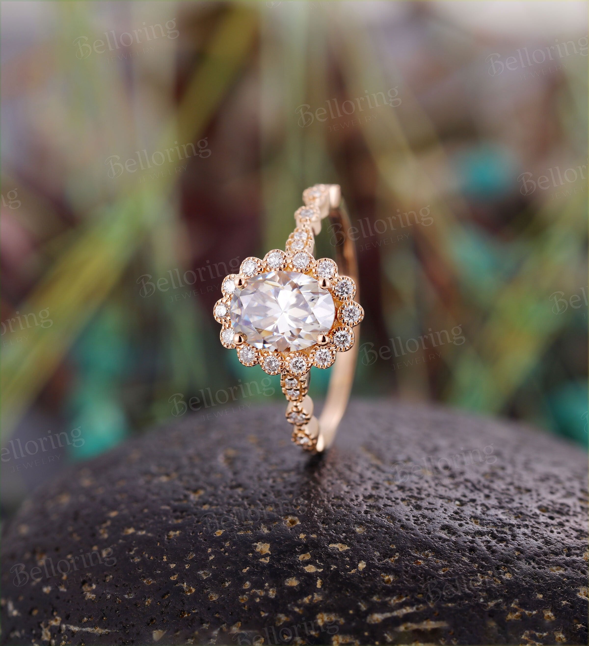 Moissanite engagement ring Rose gold oval cut vintage diamond halo unique Wedding  Jewelry birthstone Anniversary wedding ring