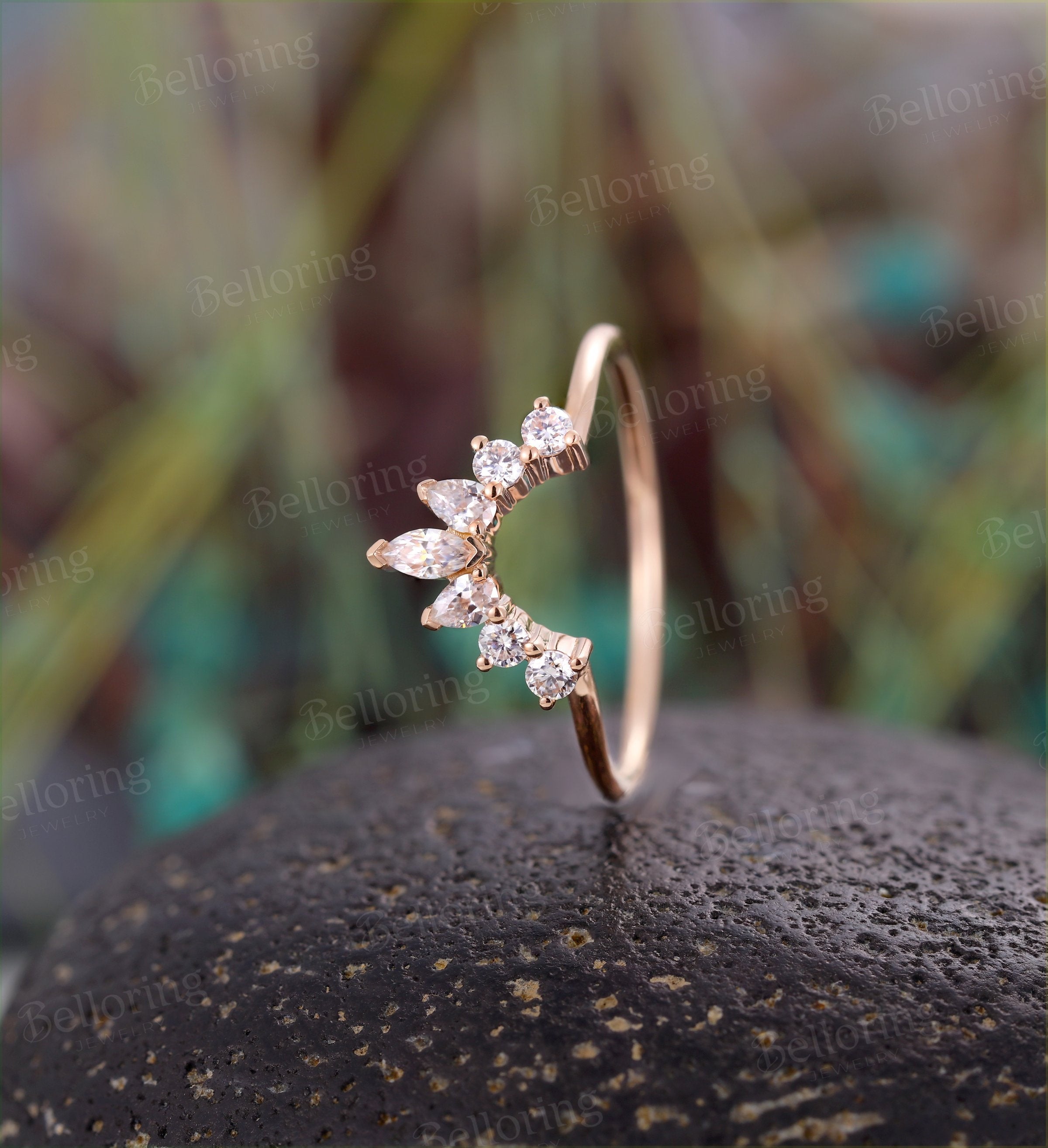 Moissanite/Diamond Curved wedding band rose gold wedding ring Vintage pear & marquise shaped Antique Matching Promise Anniversary ring