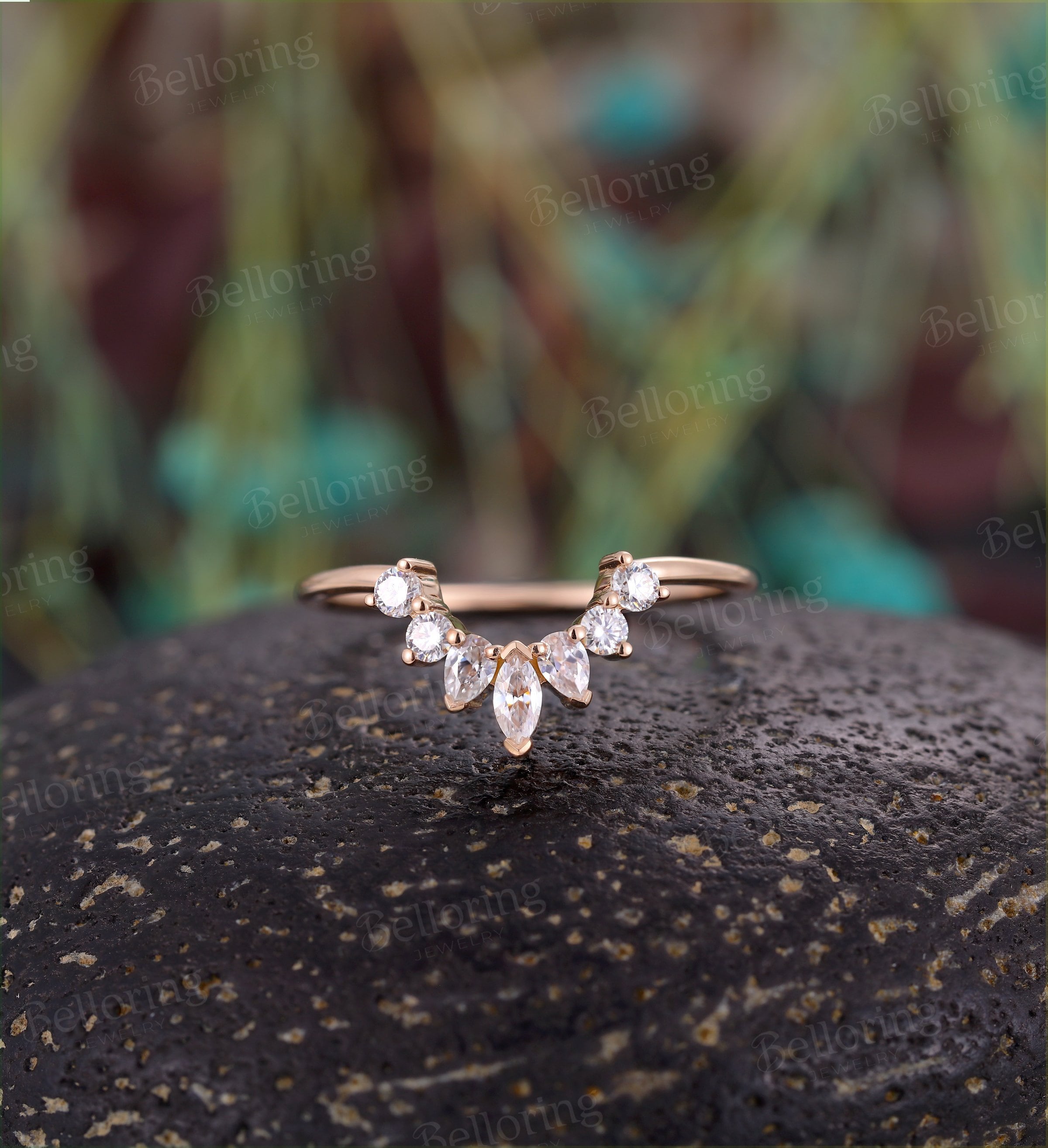 Moissanite/Diamond Curved wedding band rose gold wedding ring Vintage pear & marquise shaped Antique Matching Promise Anniversary ring