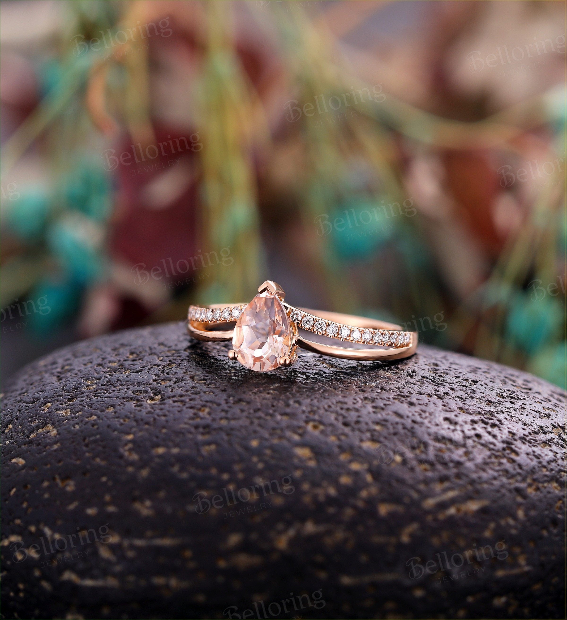 Morganite engagement ring pear shaped vintage moissanite diamond Half eternity  antique promise alternative Anniversary wedding ring