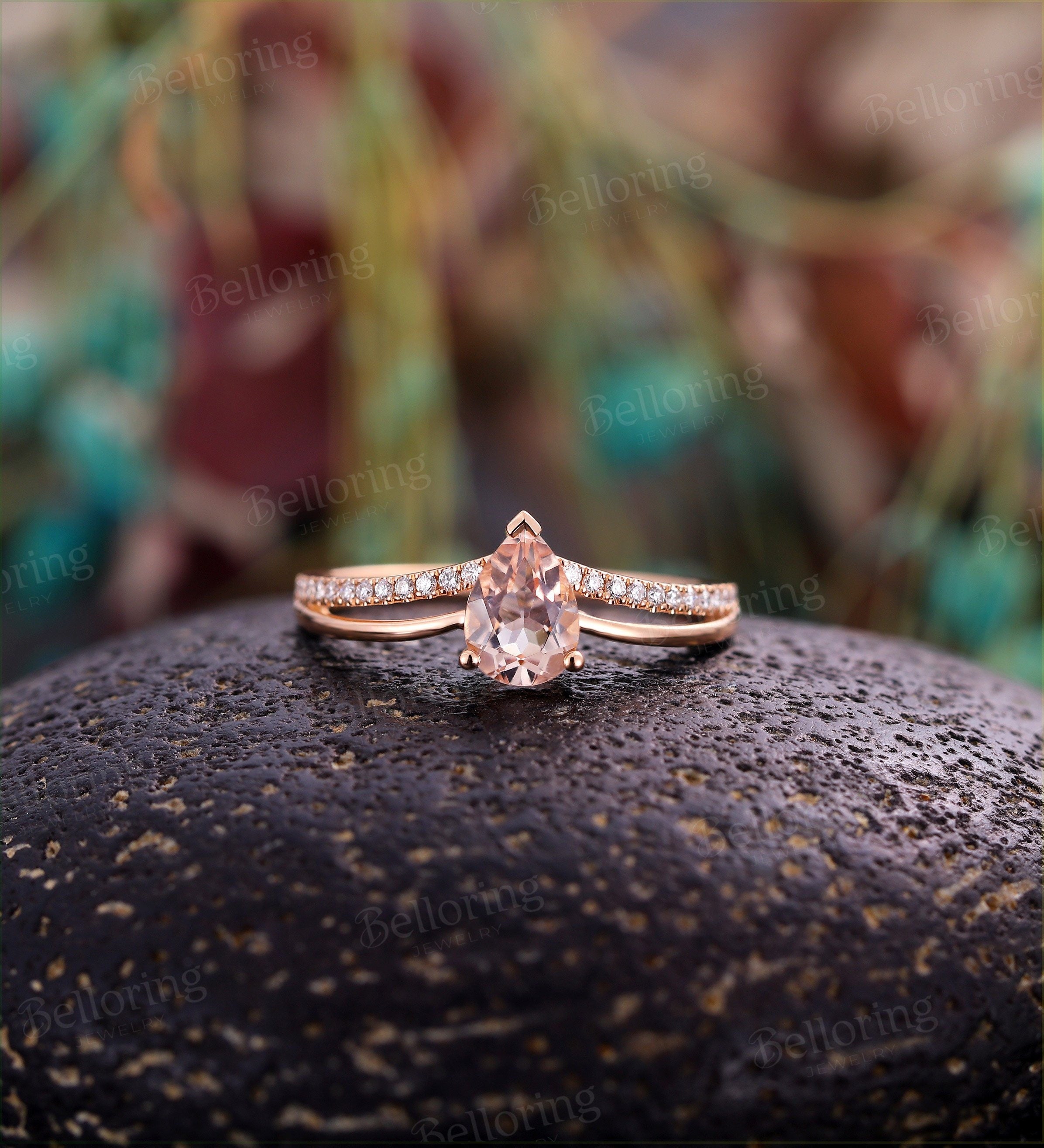 Morganite engagement ring pear shaped vintage moissanite diamond Half eternity  antique promise alternative Anniversary wedding ring