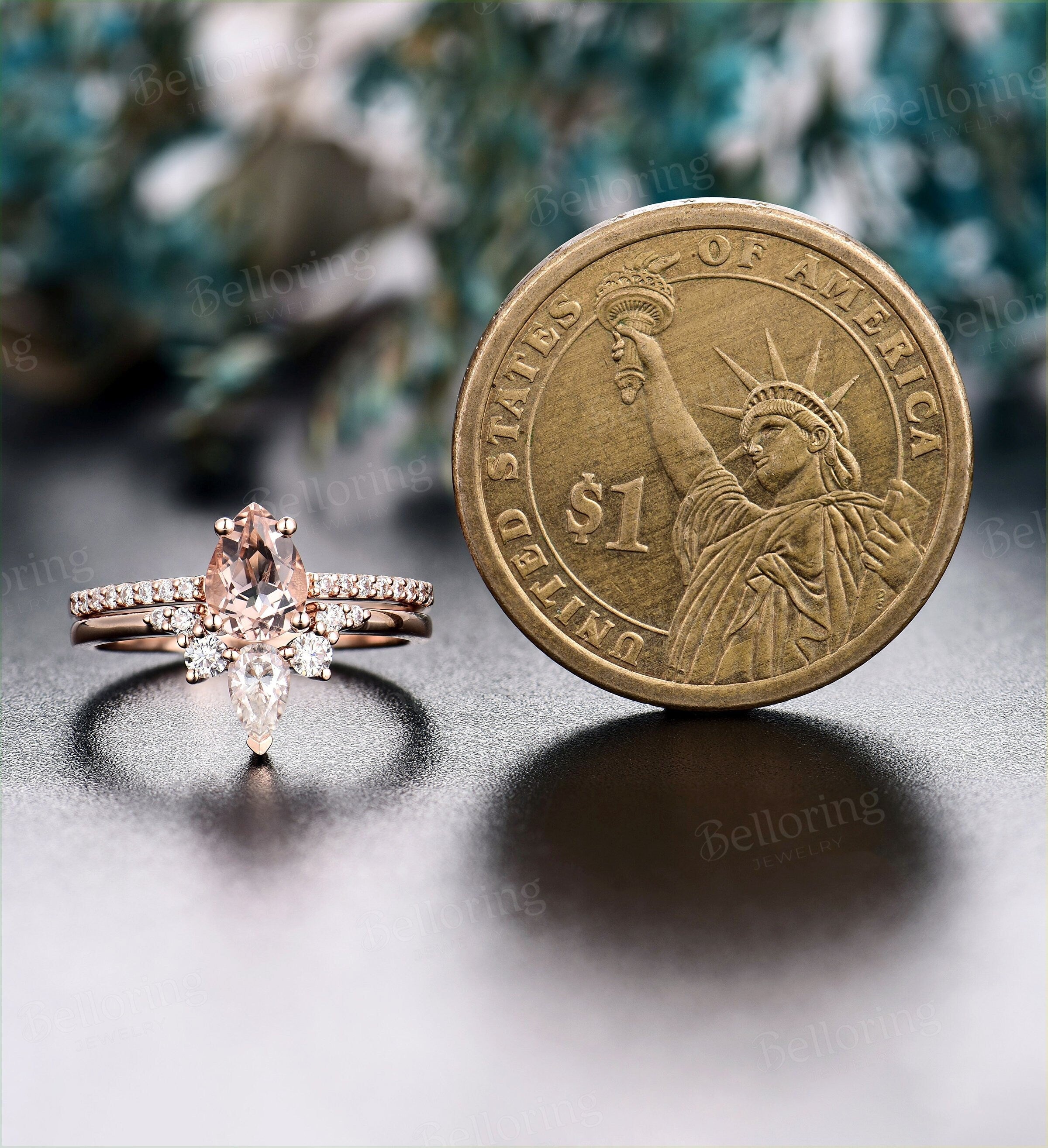 Morganite engagement ring pear cut vintage Halo diamond Half eternity Wedding ring set  antique Jewelry Anniversary gift