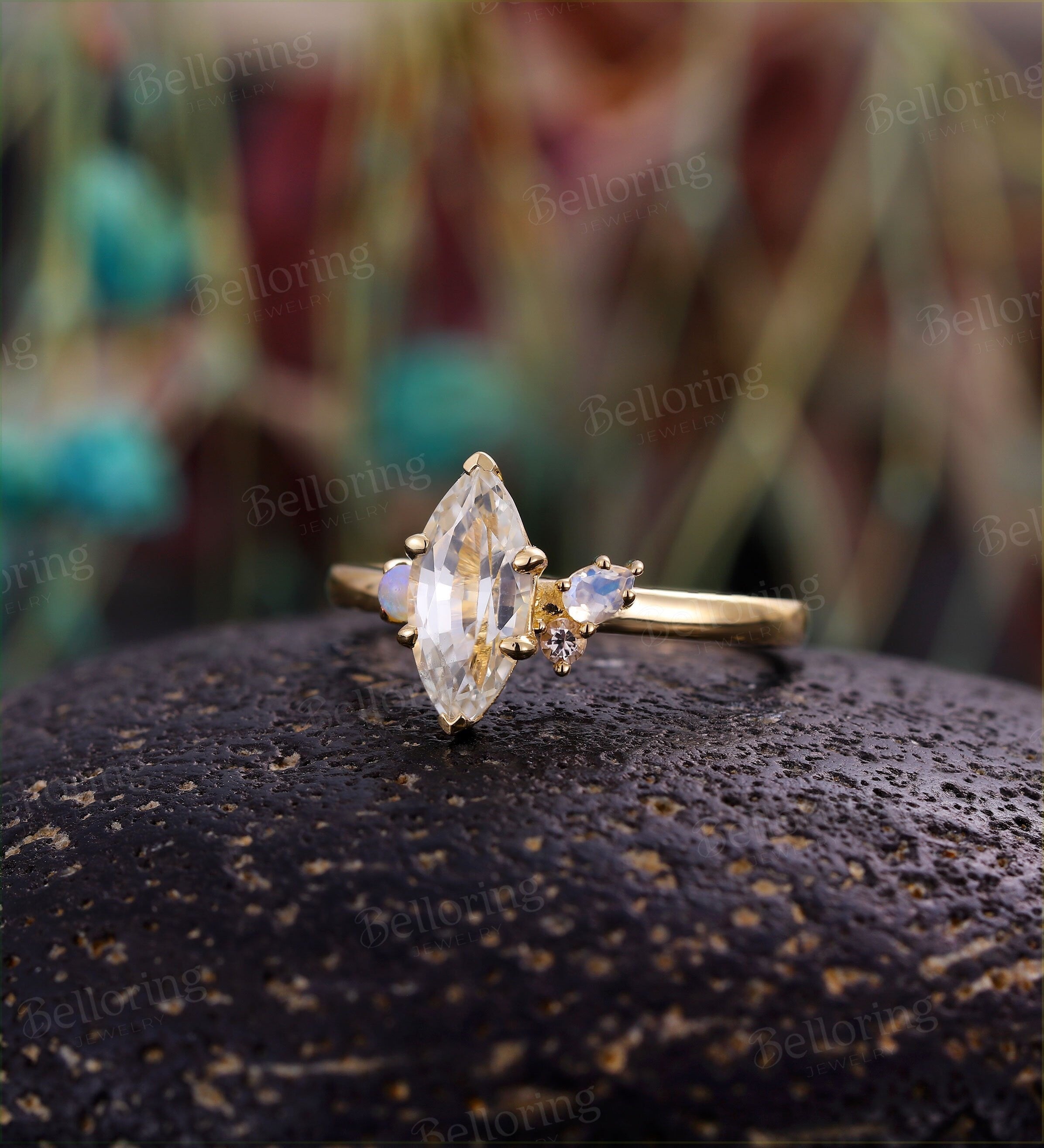 Marquise white sapphire engagement ring vintage yellow gold cluster pear moonstone opal morganite unique  Promise Anniversary gift