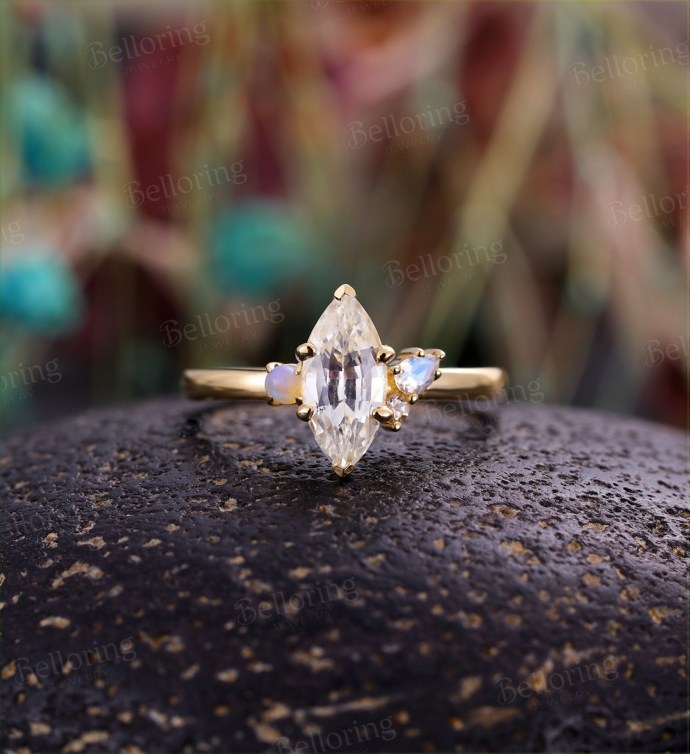 Marquise white sapphire engagement ring vintage yellow gold cluster pear moonstone opal morganite unique  Promise Anniversary gift