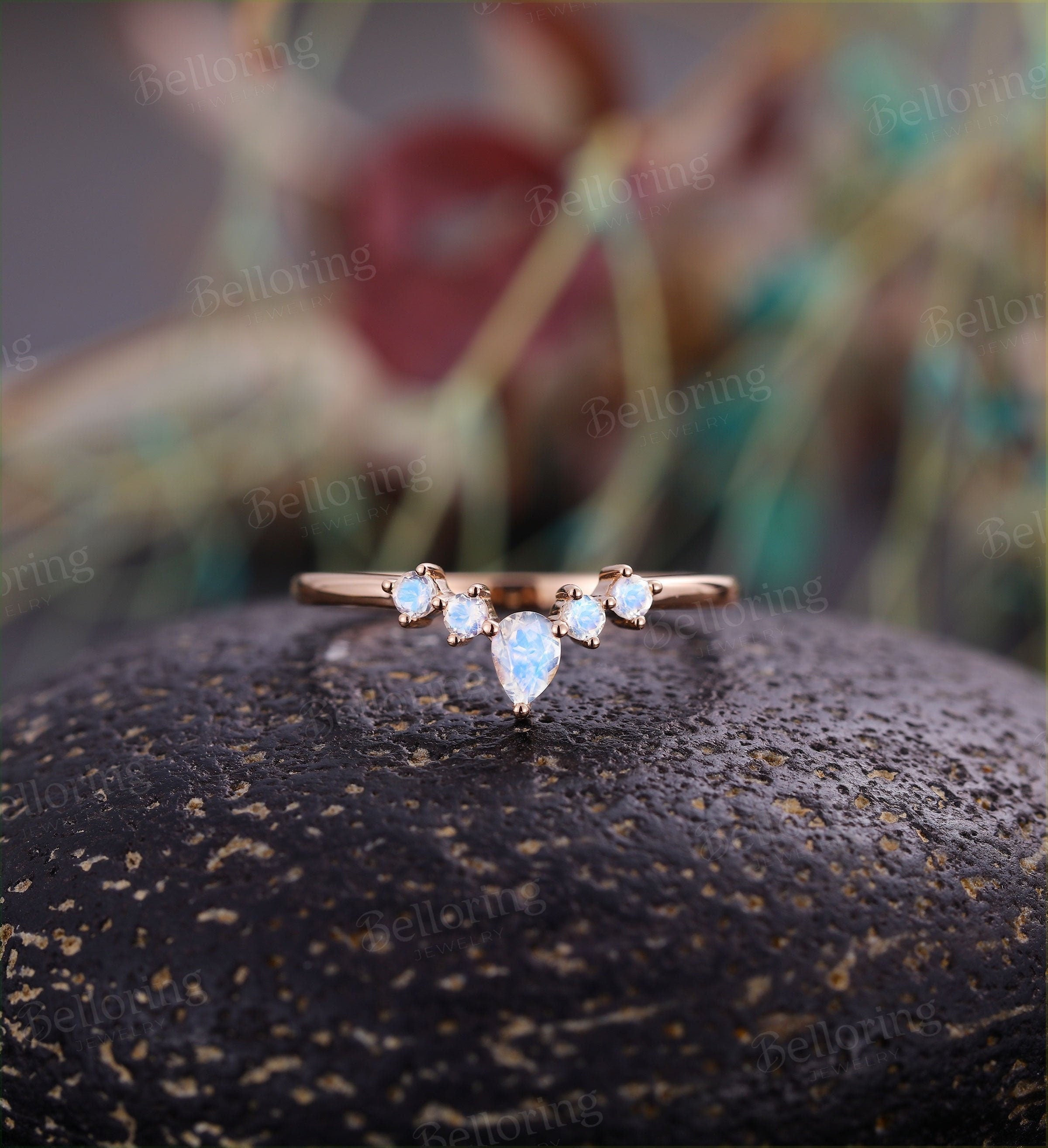 Moonstone curved wedding band  vintage pear shaped dainty unique Wedding Ring Jewelry art deco birthstone Anniversary wedding ring