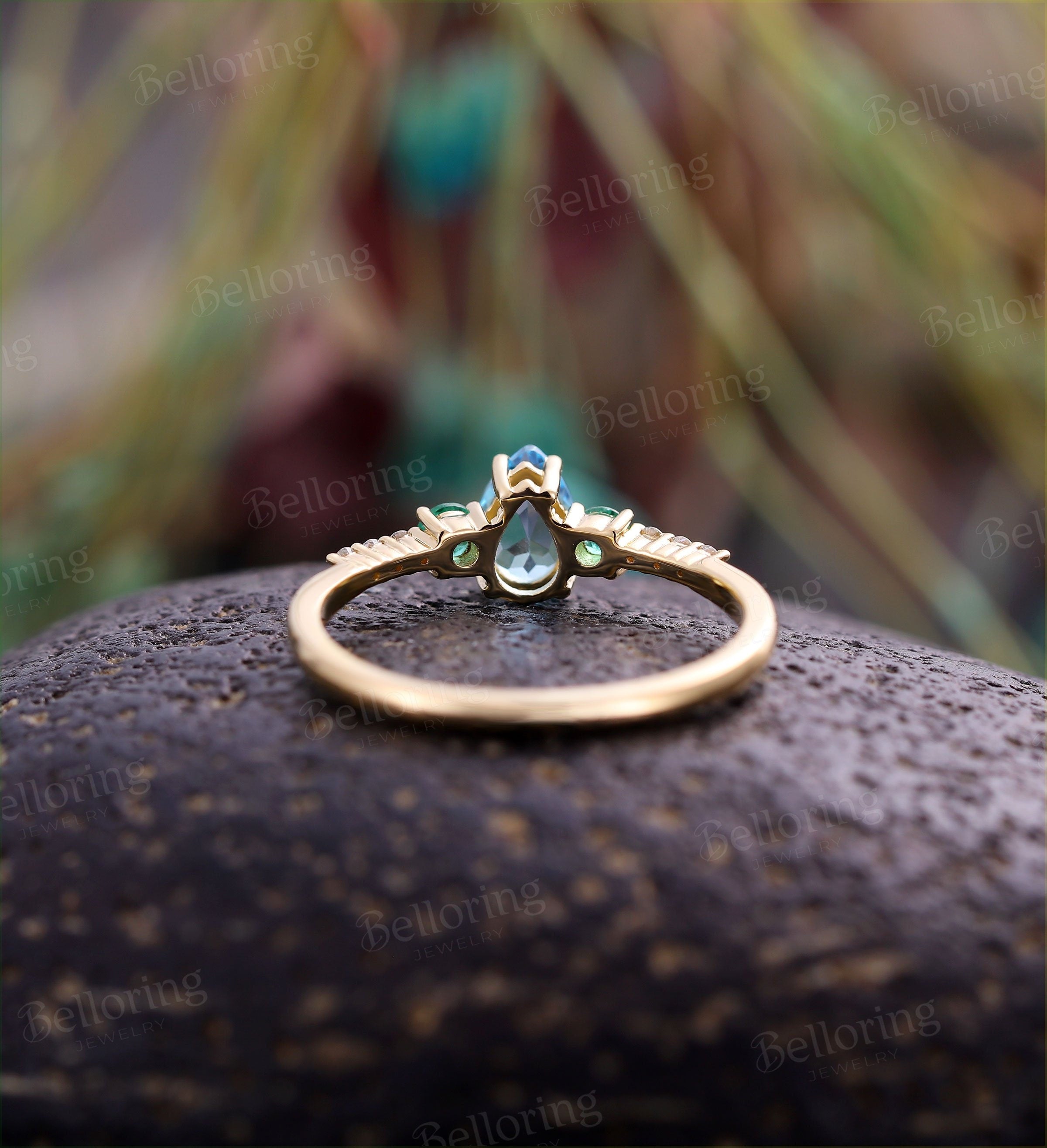 Aquamarine engagement ring Vintage Diamond yellow gold Unique  Art deco emerald Jewelry birthstone promise Anniversary wedding ring