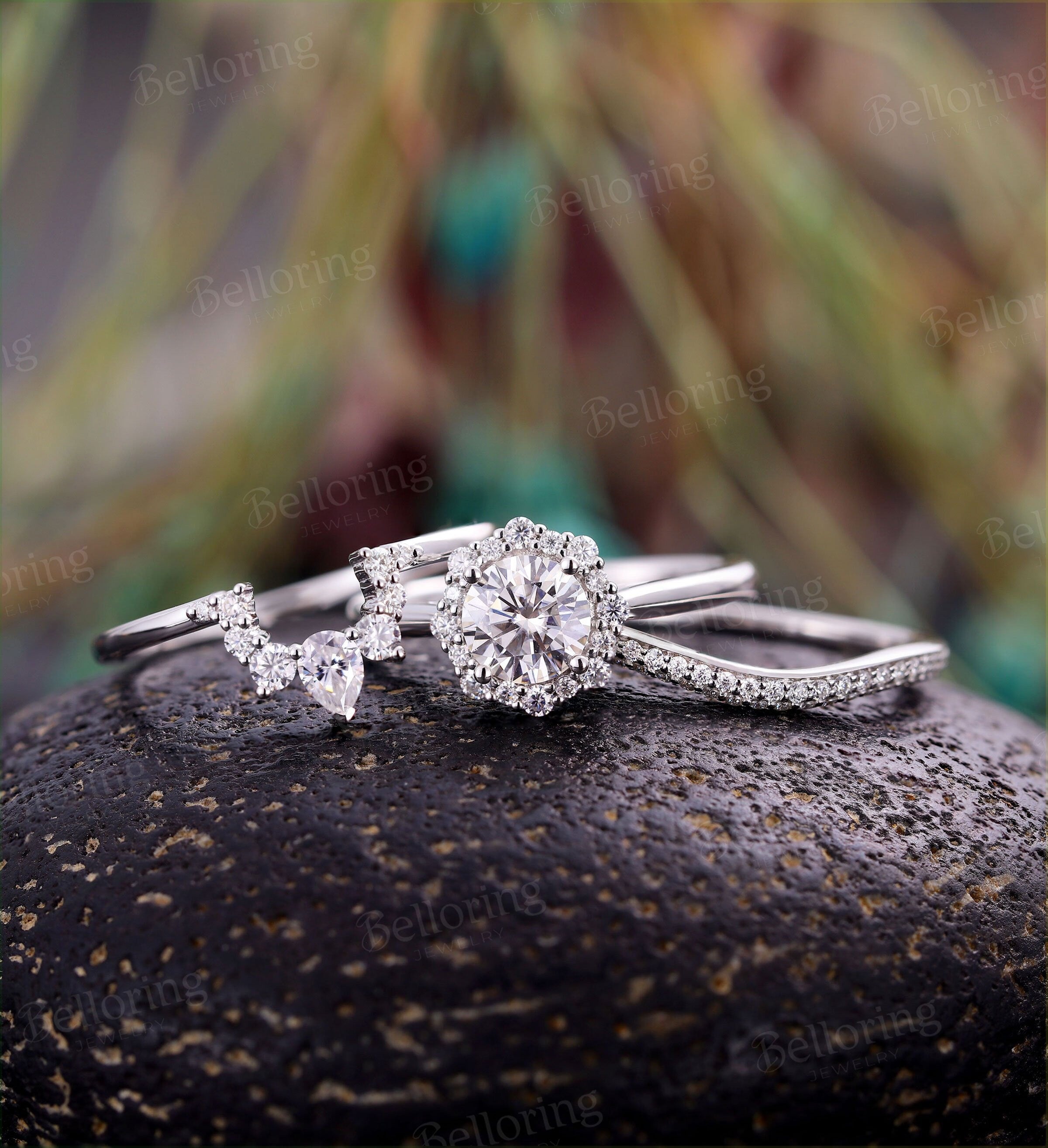 Art deco Moissanite engagement ring set Vintage Jewelry white gold Unique halo crown wedding Bridal set promise Anniversary wedding ring