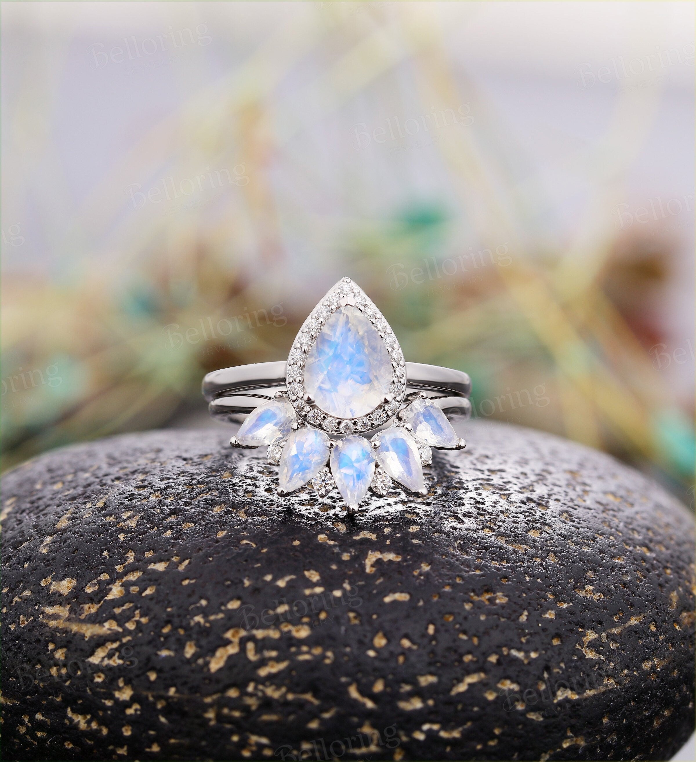 Moonstone engagement ring  vintage pear shaped moissanite unique Wedding Ring set Jewelry art deco birthstone Anniversary wedding ring