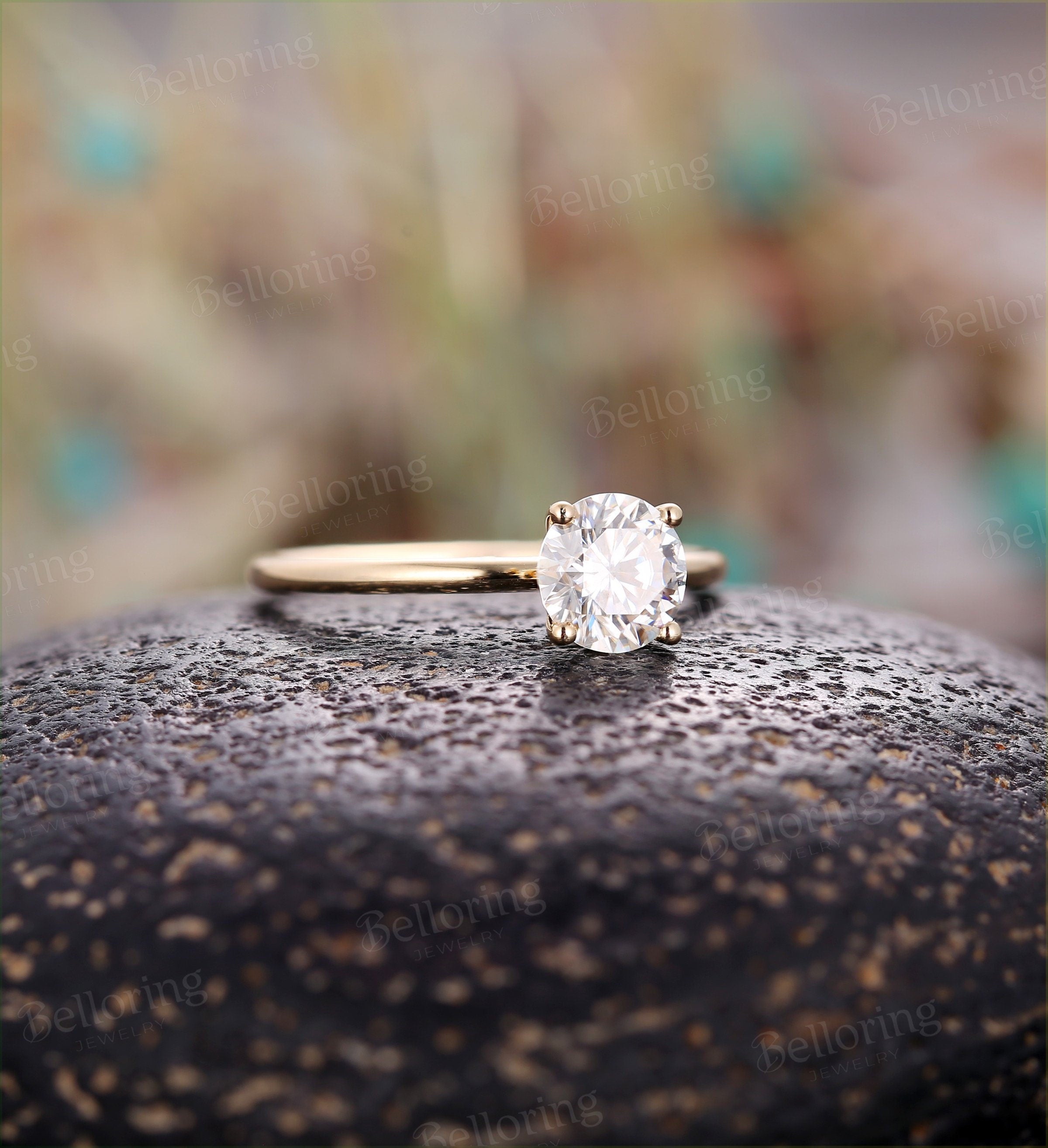 C&C Forever One Moissanite Engagement Ring  Yellow Gold vintage solitaire simple Art Deco   Promise Anniversary wedding ring