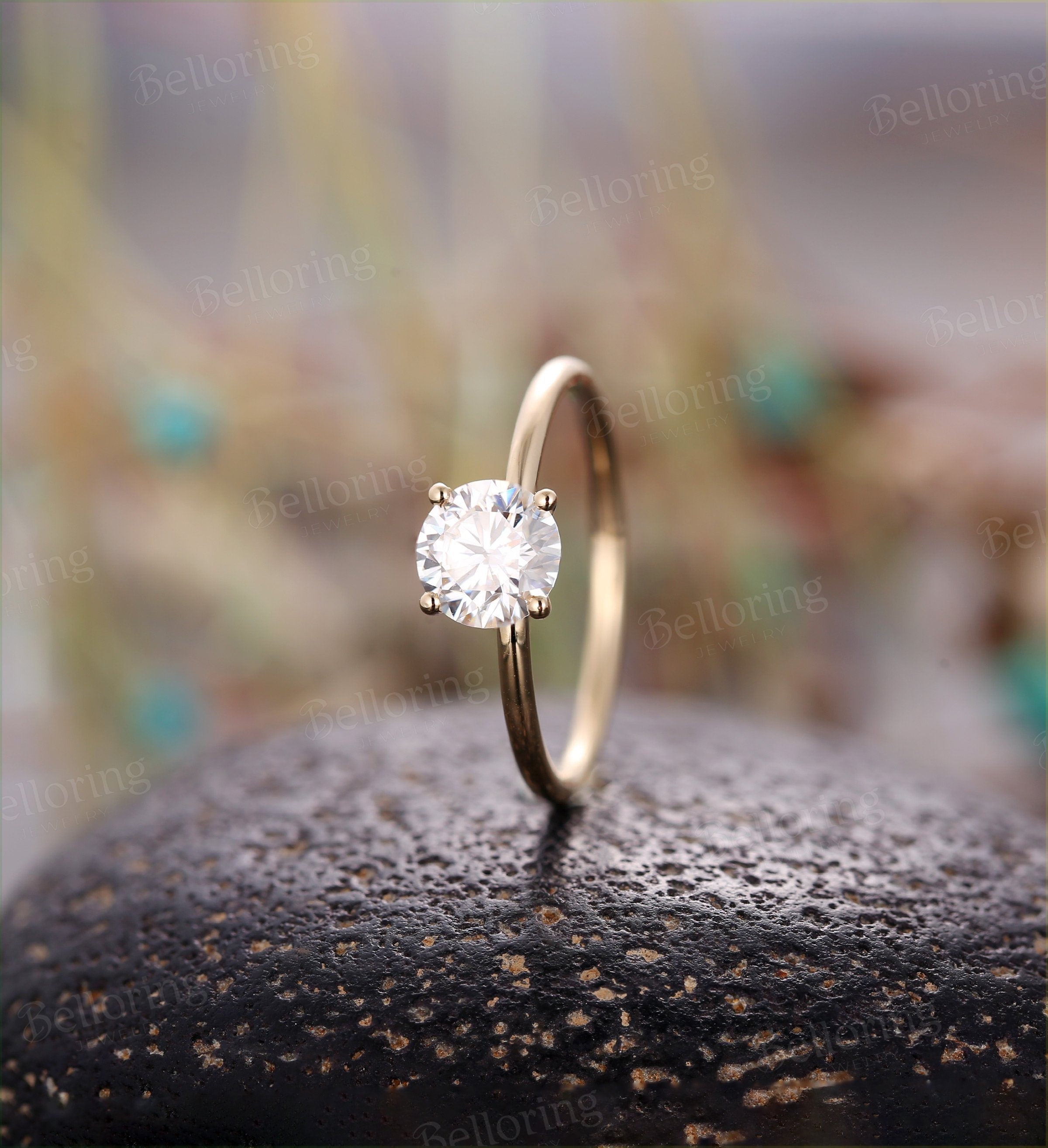 C&C Forever One Moissanite Engagement Ring  Yellow Gold vintage solitaire simple Art Deco   Promise Anniversary wedding ring