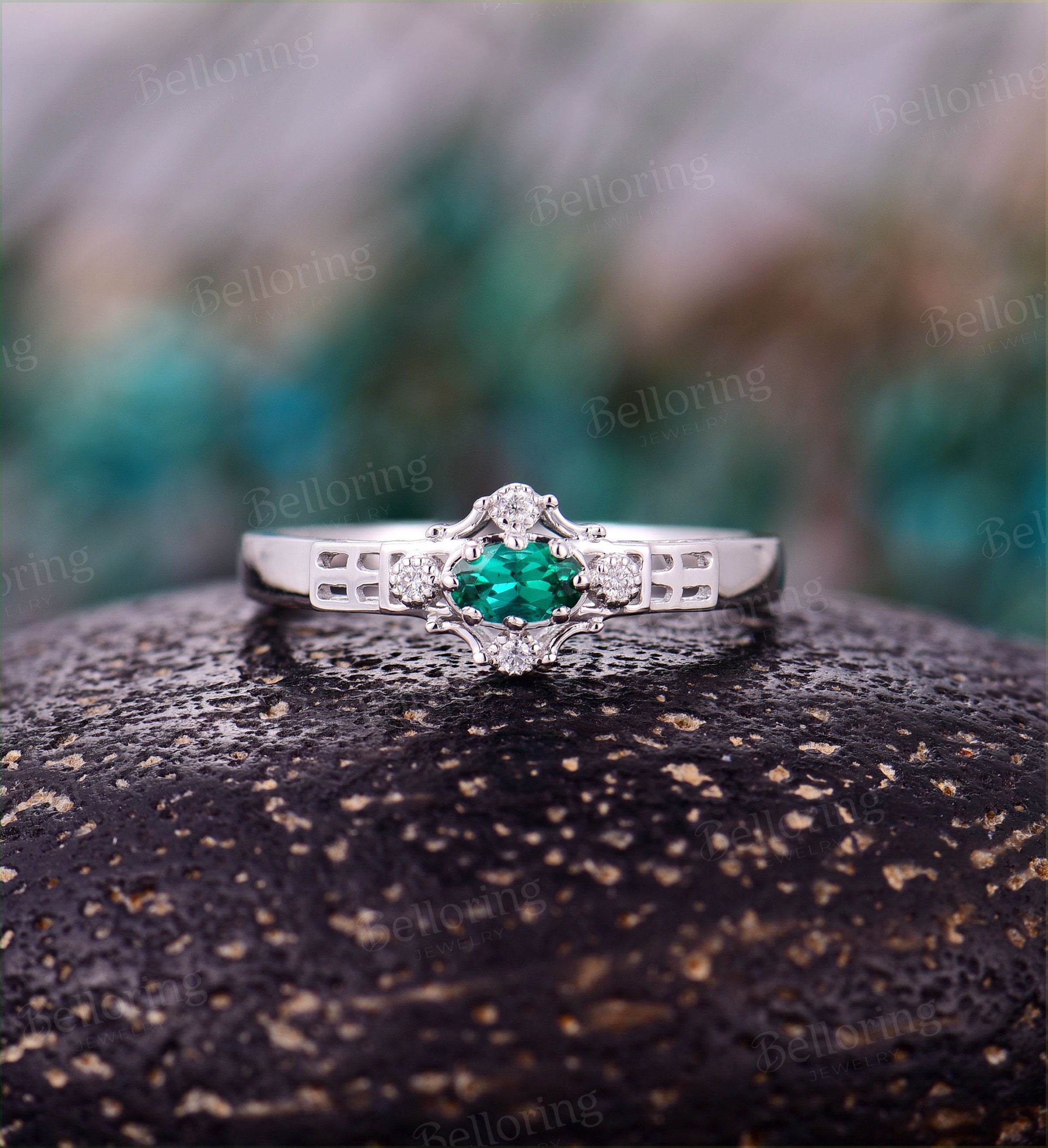 Emerald engagement ring 14k white gold oval cut vintage diamond unique Wedding   Jewelry birthstone Anniversary promise ring