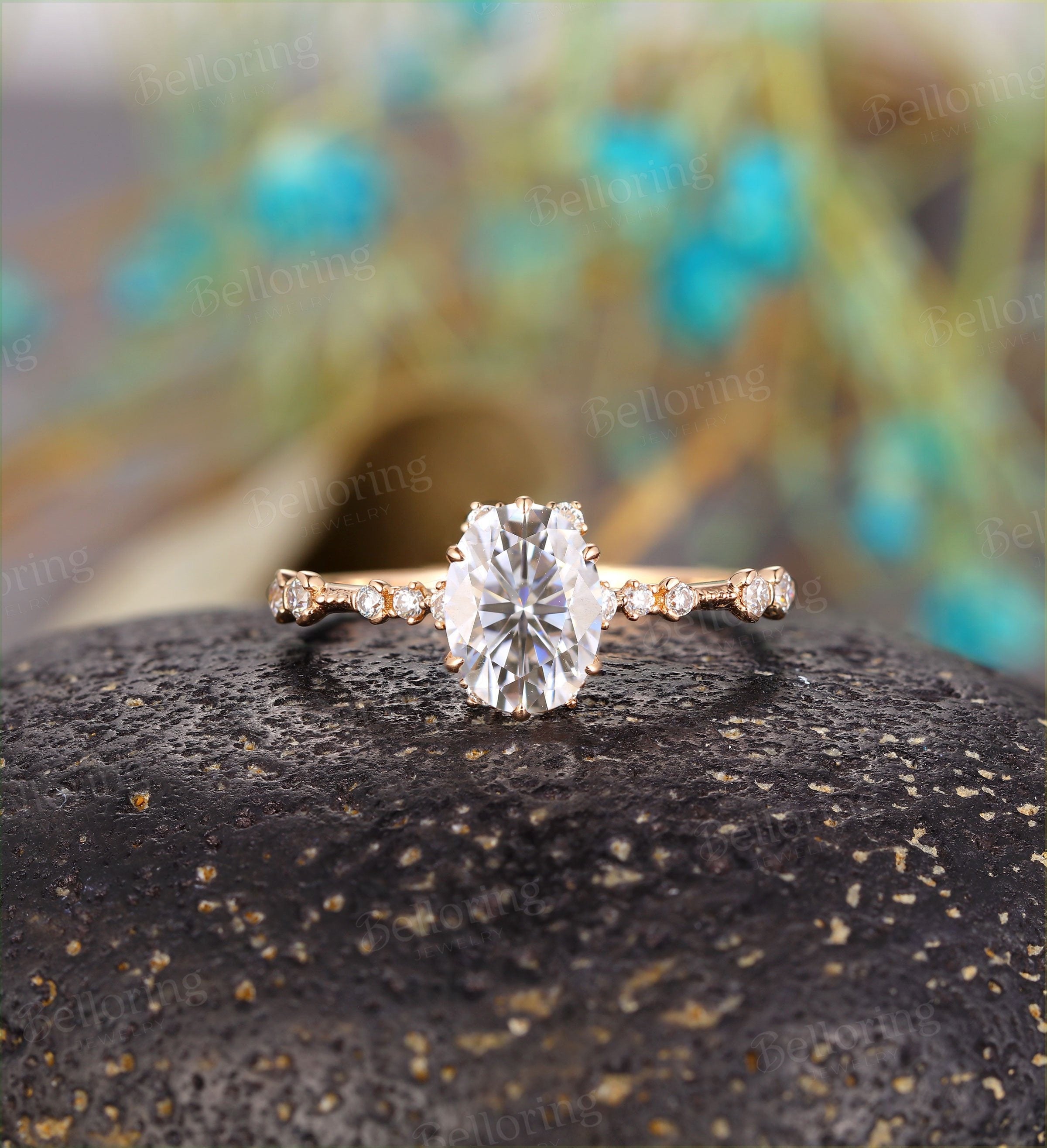 Art deco oval cut moissanite engagement ring Vintage antique rose gold Unique wedding  milgrain promise ring Anniversary ring