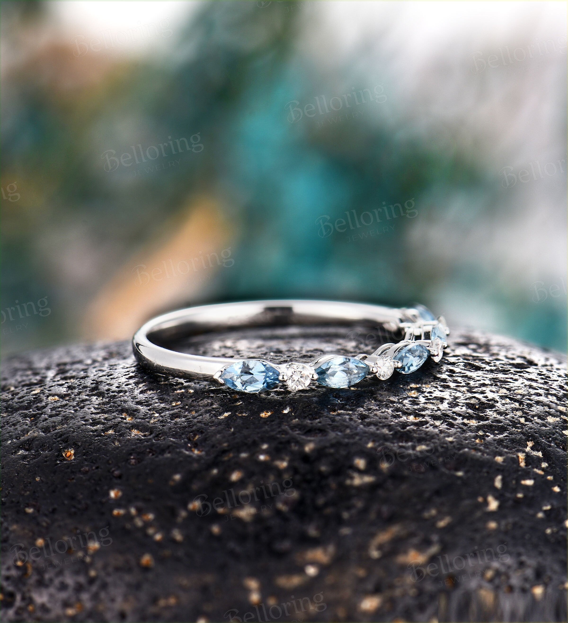 Marquise cut & round Moissanite London blue Topaz wedding band vintage white gold  antique unique Promise Matching band wedding ring