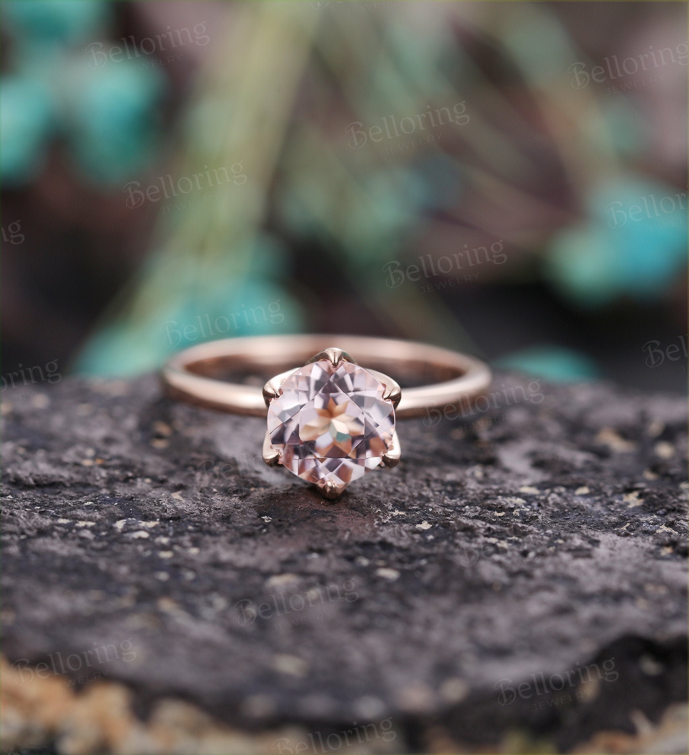 Morganite engagement ring vintage prong set unique rose gold diamond art deco Wedding solitaire  Jewelry anniversary wedding ring