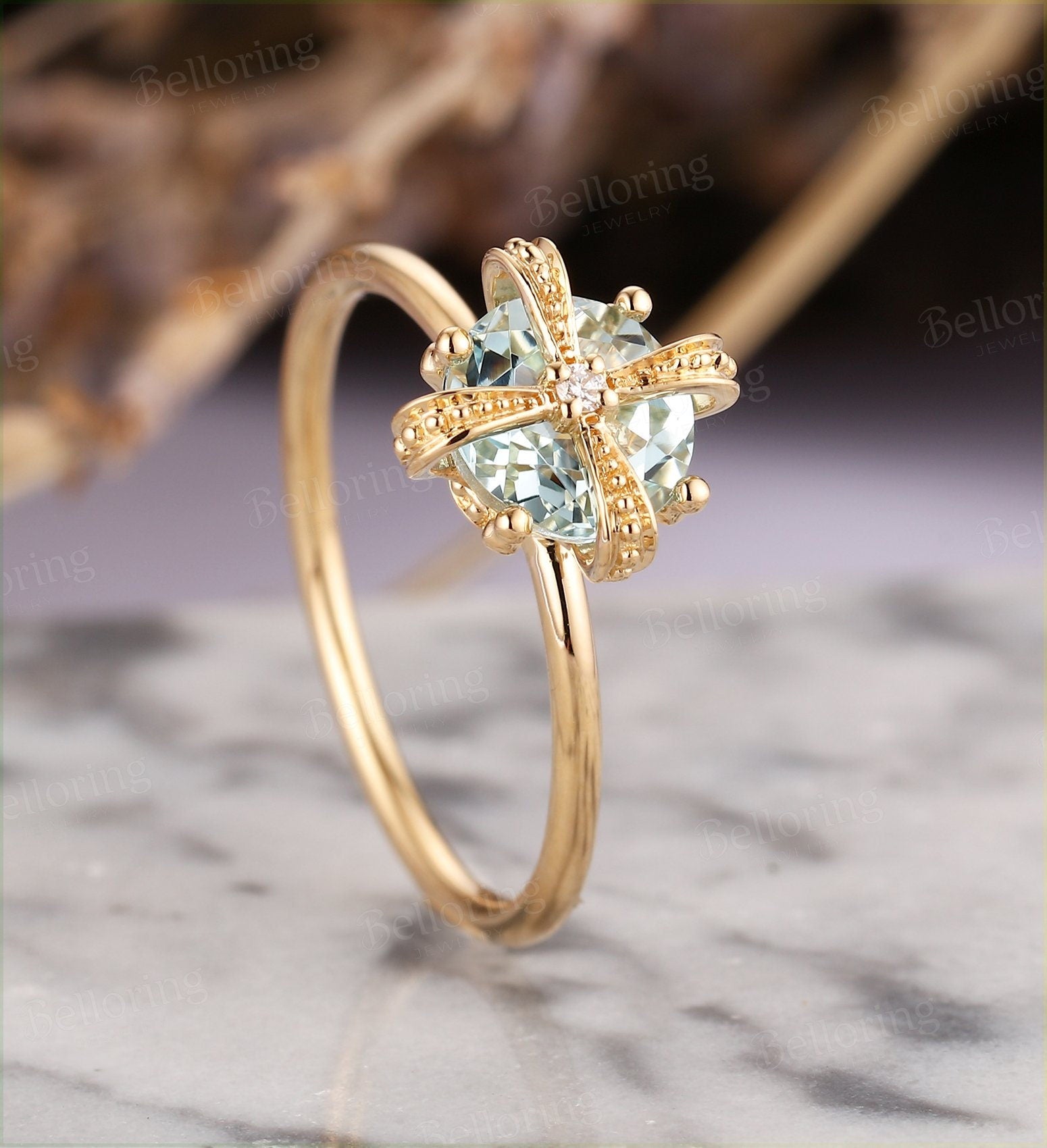 Aquamarine engagement ring yellow gold round vintage diamond art deco bridal set  antique Jewelry Promise Anniversary wedding ring